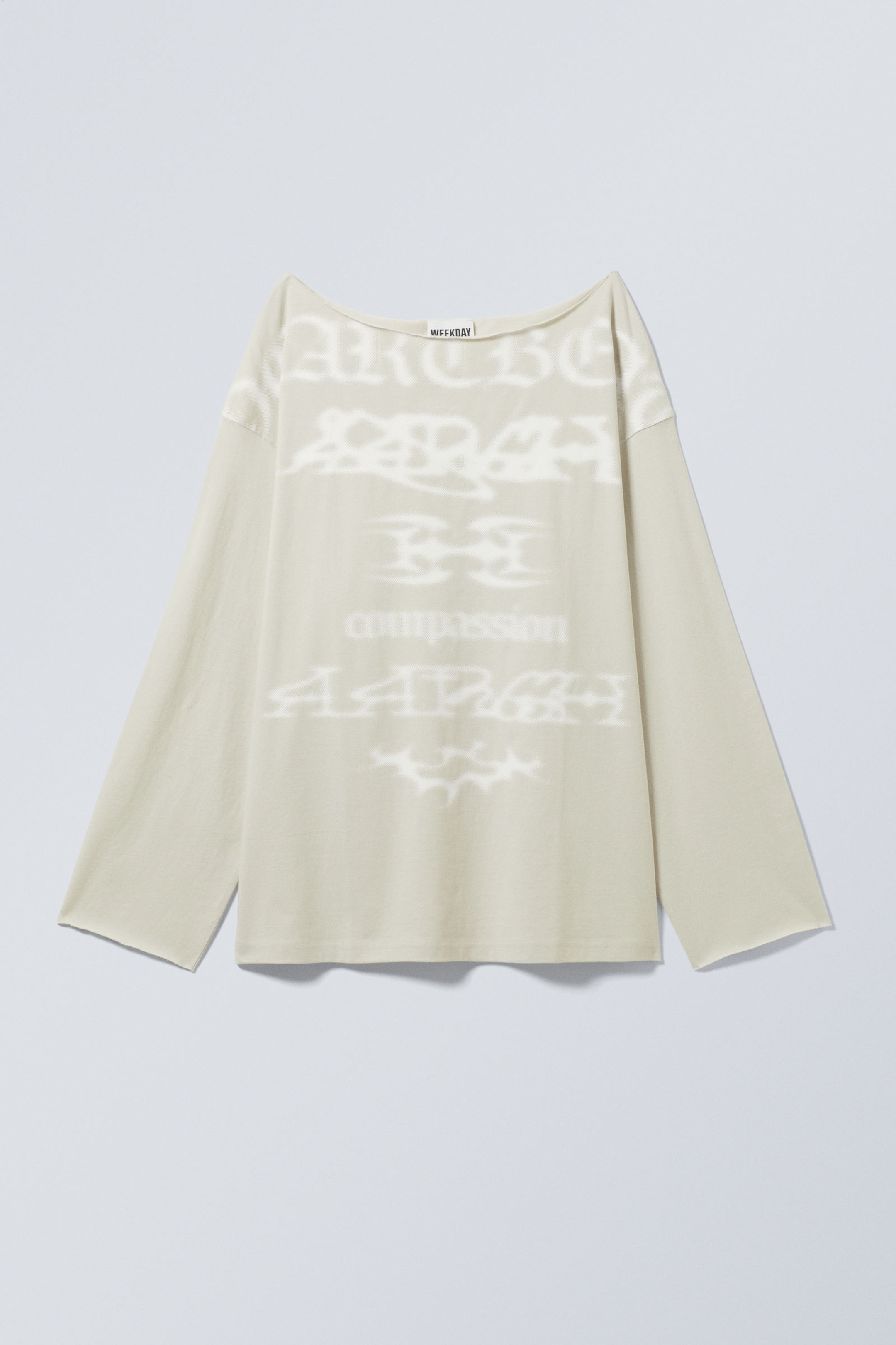 Light Beige - Compassion - Long-Sleeved Boat-Neck Printed Cotton Top - 4