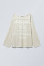 Light Beige - Compassion - Long-Sleeved Boat-Neck Printed Cotton Top - 4