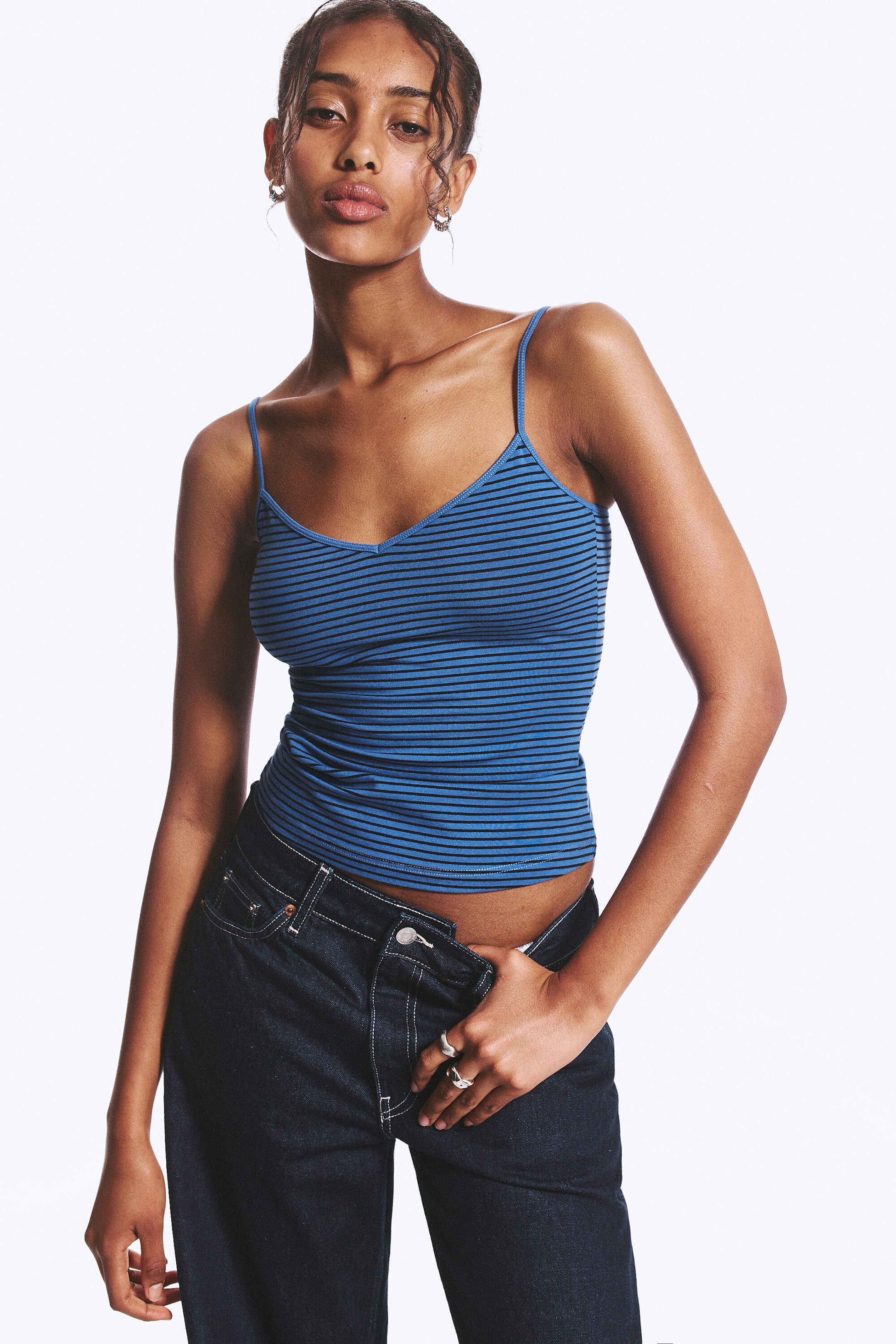 Striped Blue/Black - Slim V-neck Cotton Singlet - 1