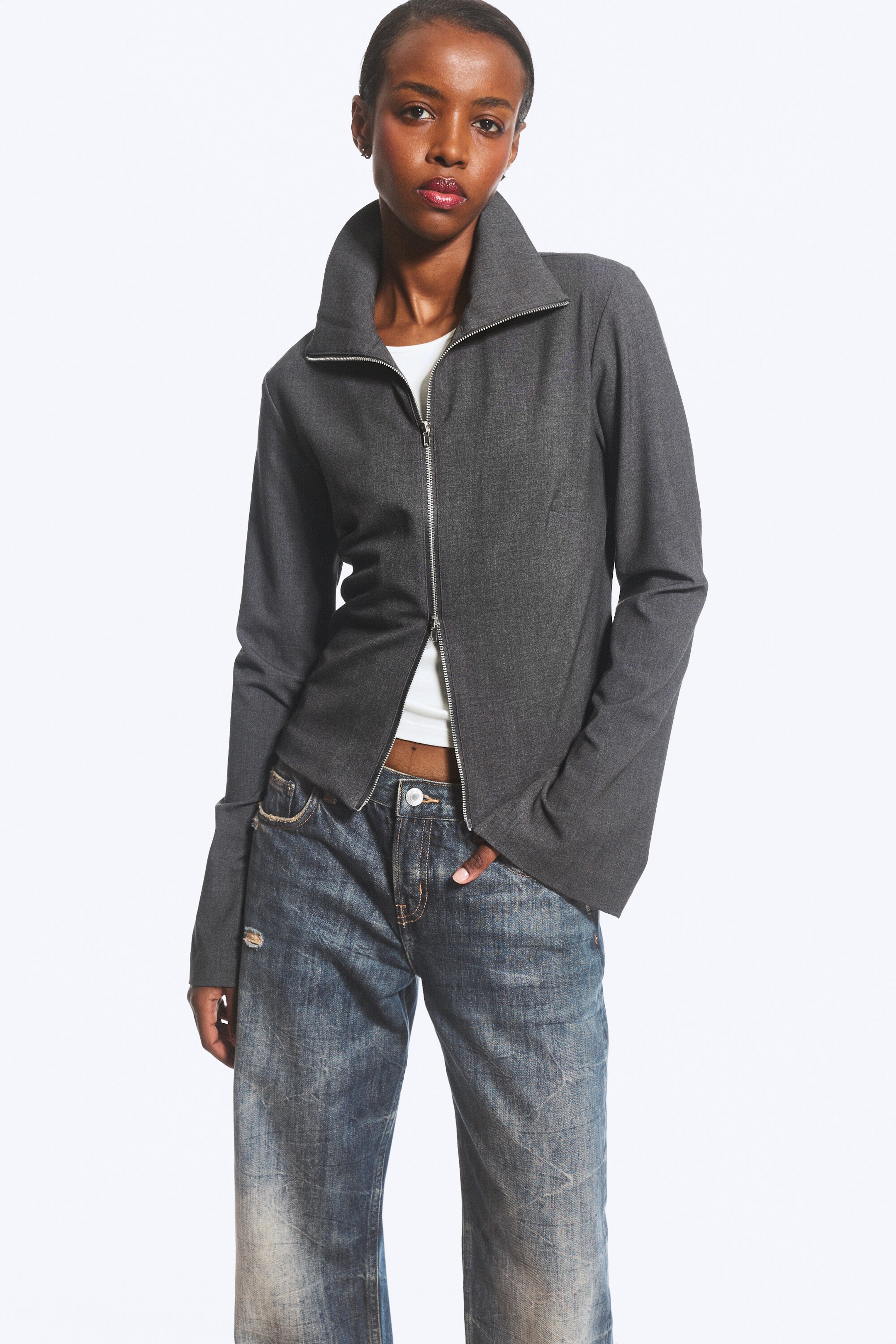 Gris foncé chiné - Chemise zippée ajustée à manches longues - 2
