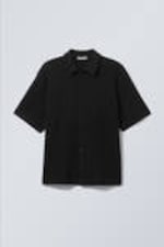 Black - Knitted Short-Sleeved Button-Up Shirt - 4