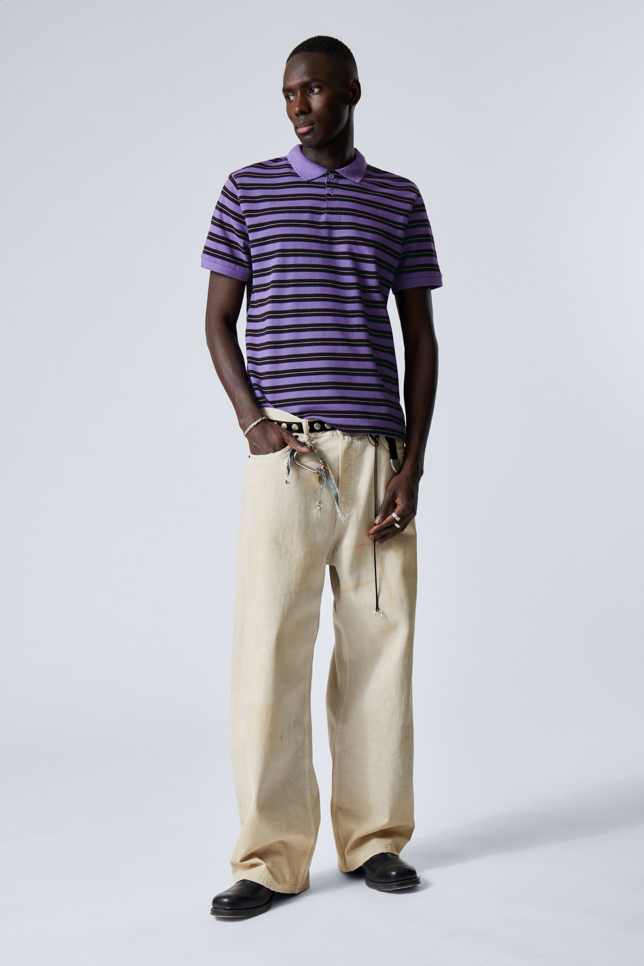 Gestreept lila - Katoenen piqué poloshirt met korte mouwen - 2