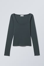 Petrol - Körpernahes Langarmshirt mit U-Ausschnitt - 0