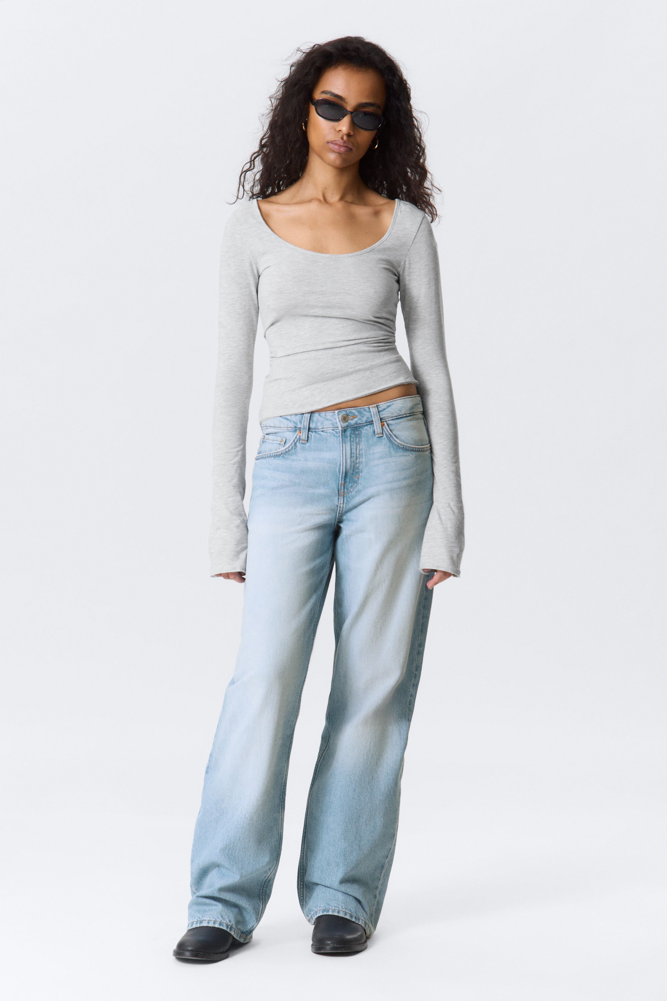 Gråmelerad - Långärmad smal topp med rund hals - 2