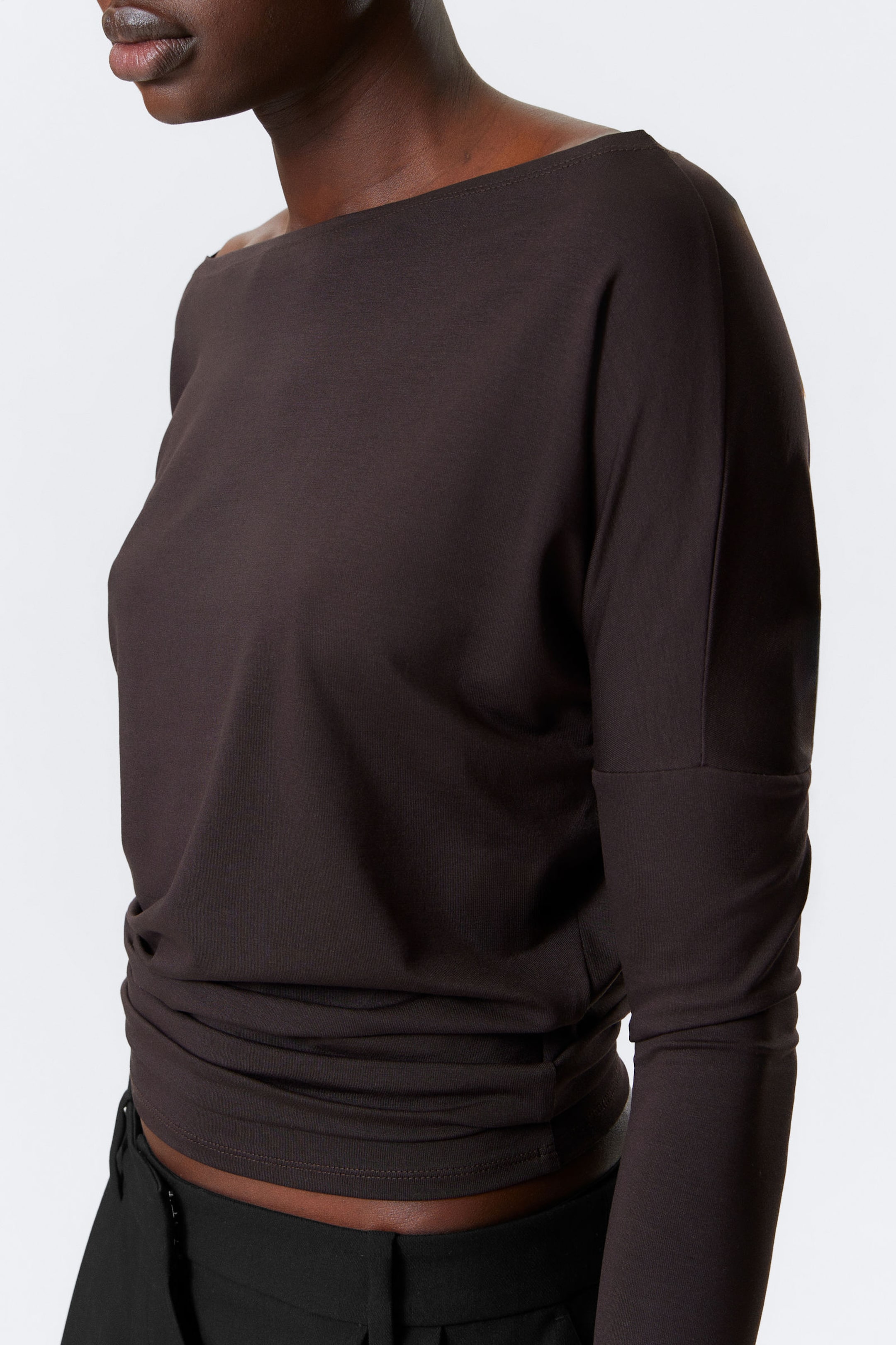 Dark Brown - Draped Long-Sleeved Lyocell Top - 2
