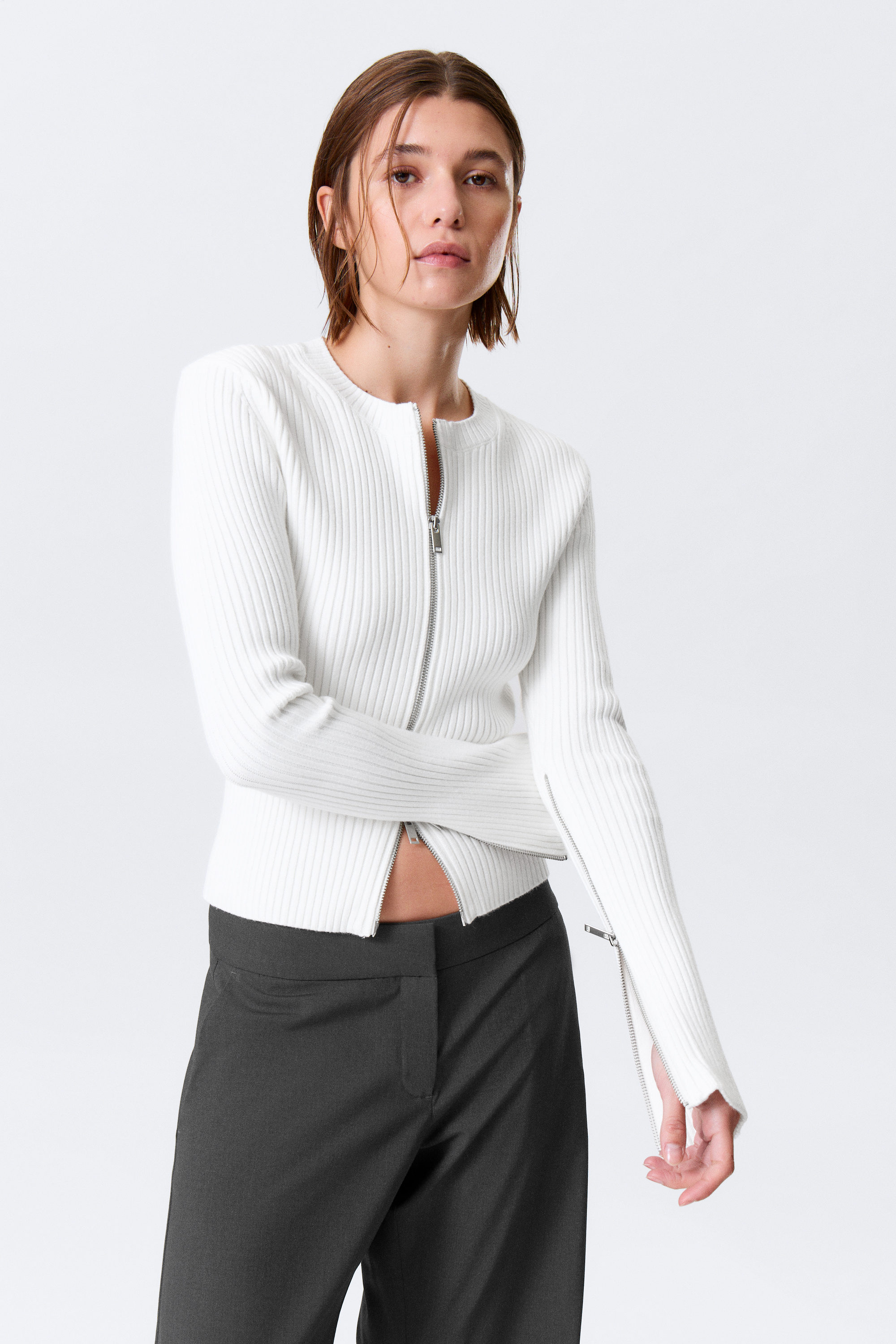 Off-white - Ribbed Fitted Zip Cardigan - 4