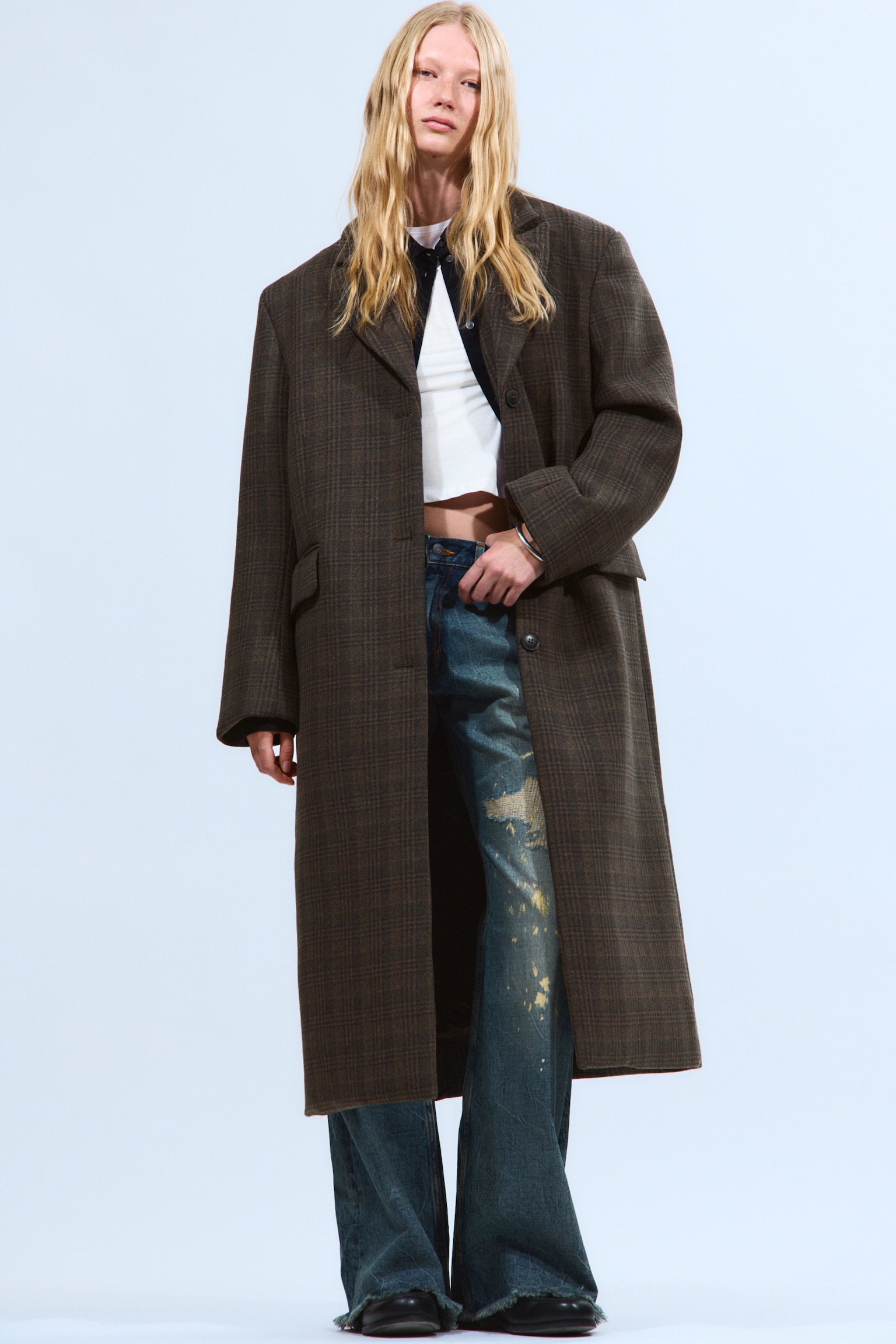 OVERSIZED MANTEL AUS WOLLMISCHUNG - Dunkelbraun kariert/Schwarzes Fischgrätenmuster/Flauschiges Dunkelbeige