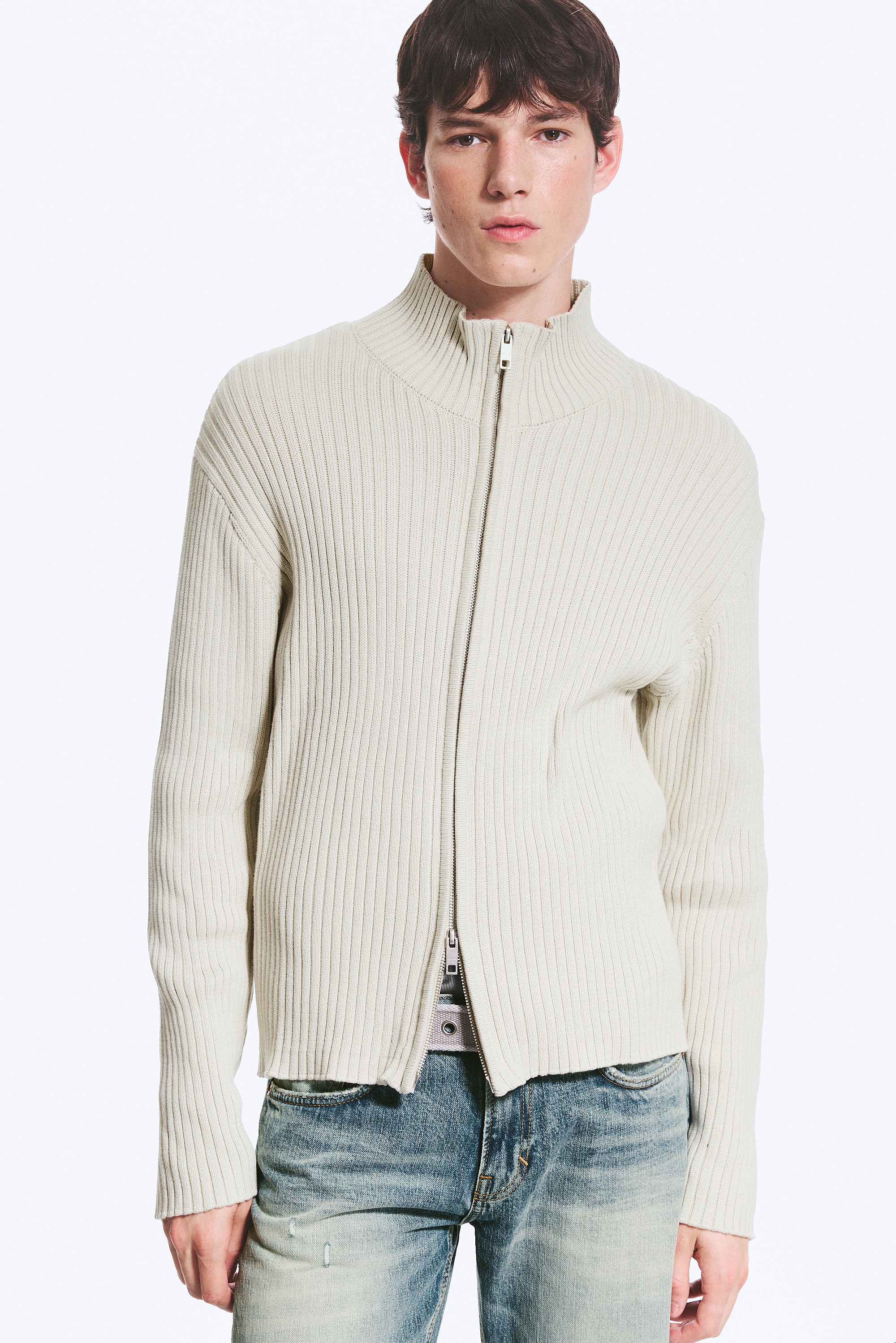 Relaxed Knitted Zip Cardigan - Light Mole/Washed Blue/Black