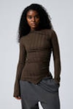 Dark Brown - Sheer Asymmetric Long-Sleeved Top - 0