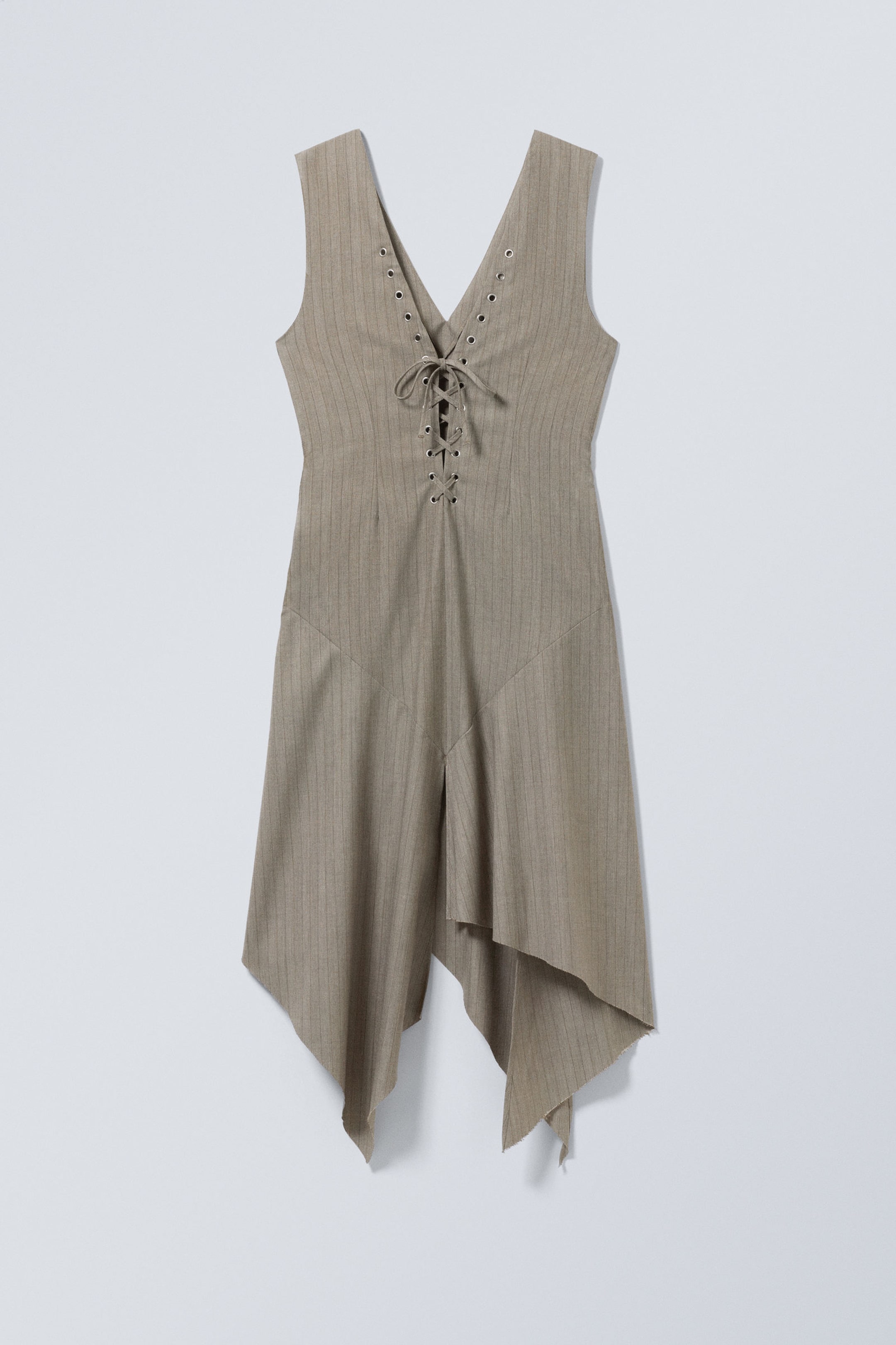 Gestreiftes Staubbeige - Ärmelloses Midikleid mit Schnürung - 2