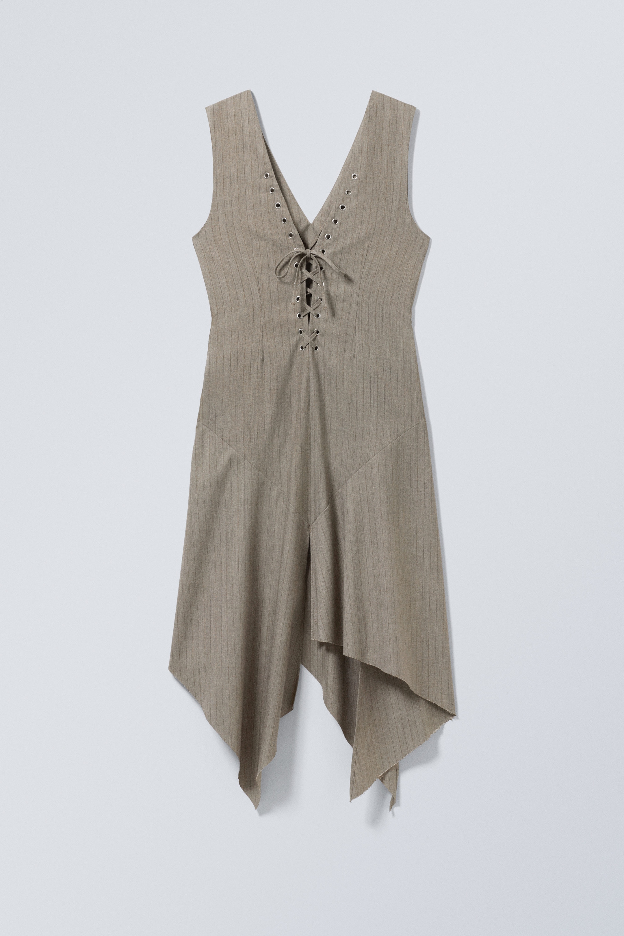Striped Dusty Beige - Sleeveless Lacing Midi Dress - 2