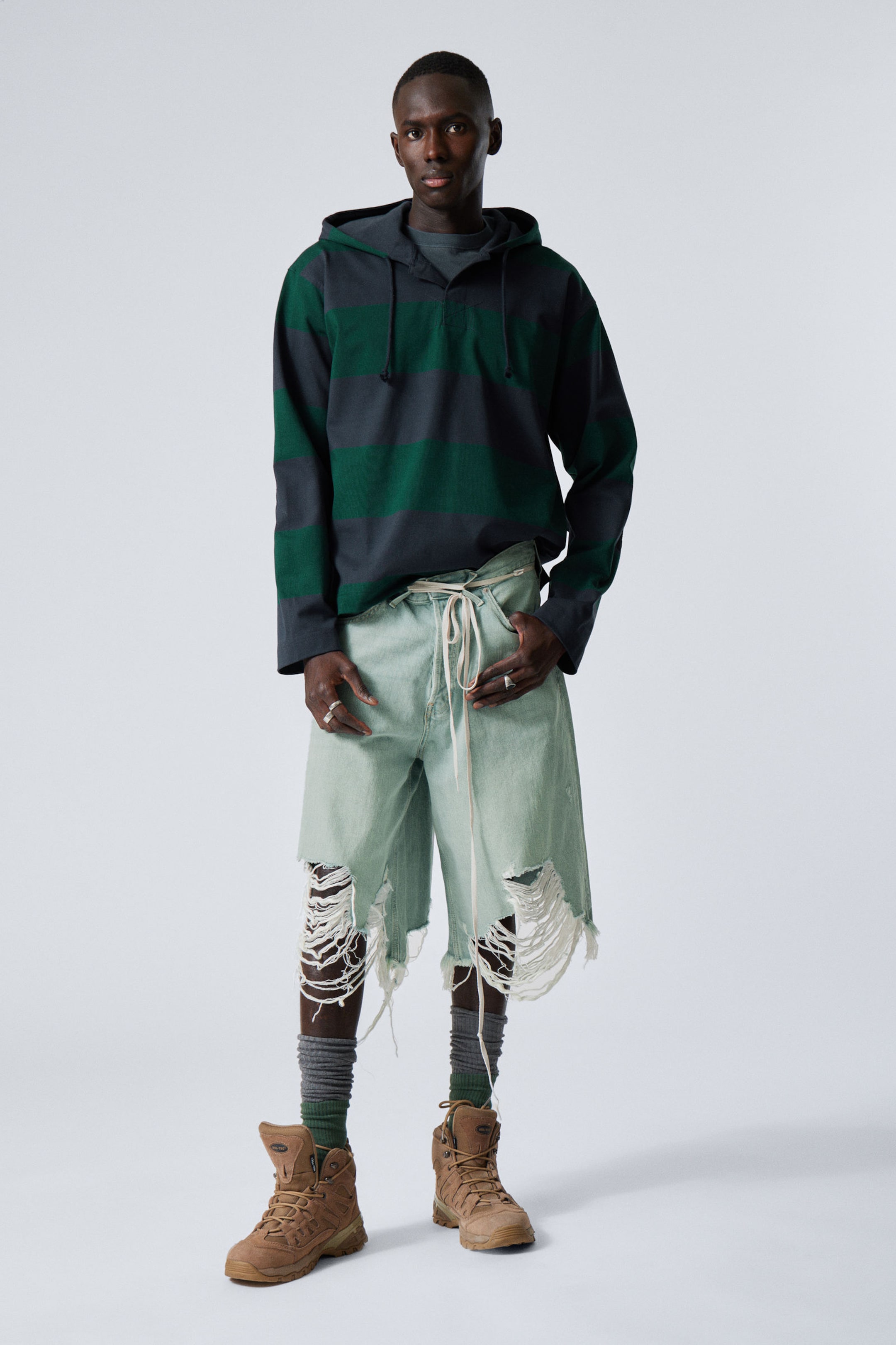#0F433E - Striped Loose Fit Rugby Hoodie - 1