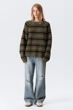 Striped Khaki Green - Loose Knitted Raglan Sweater - 2