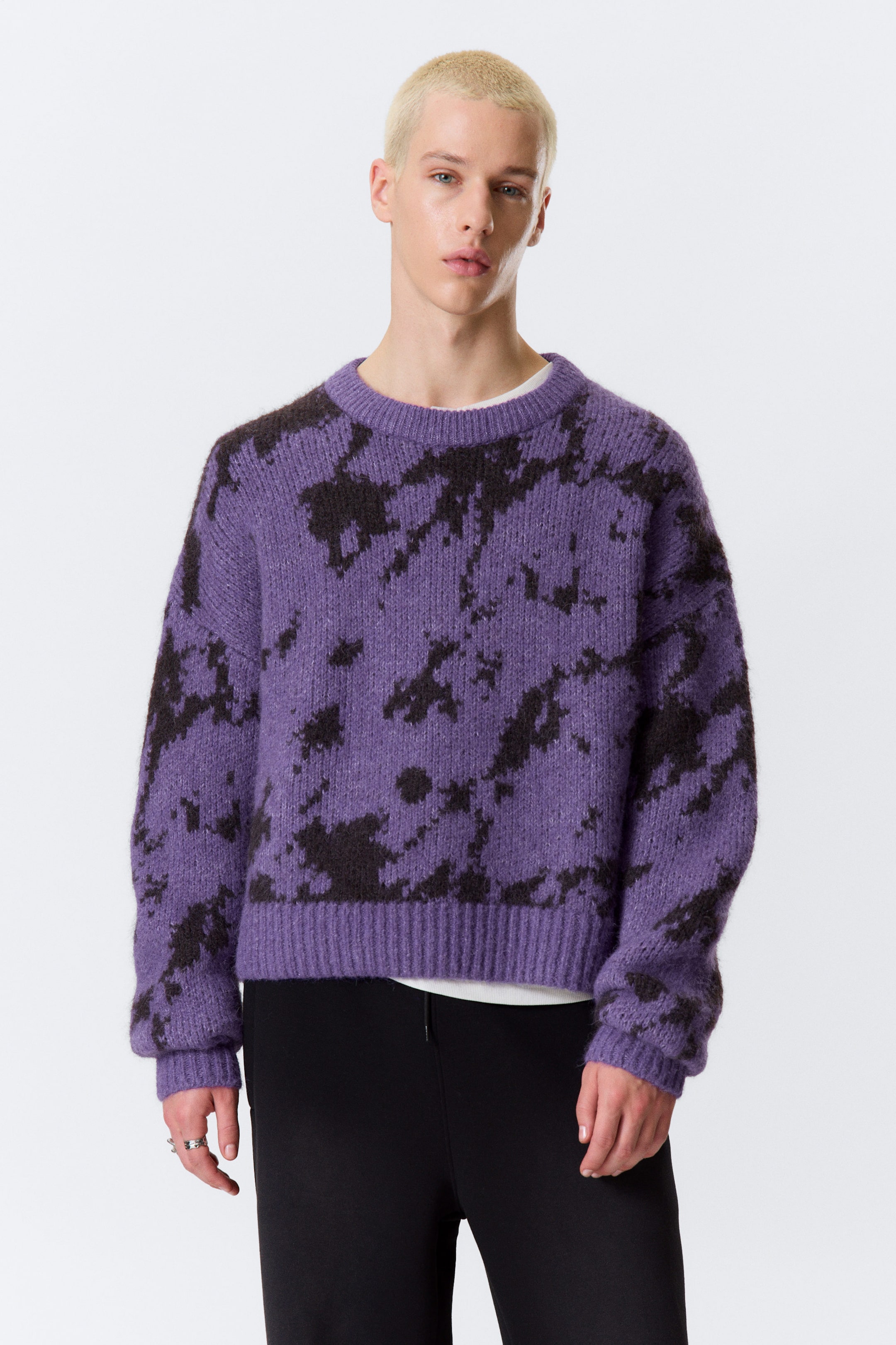 Purple - Abstract Black - Relaxed Graphic Wool-Blend Sweater - 1