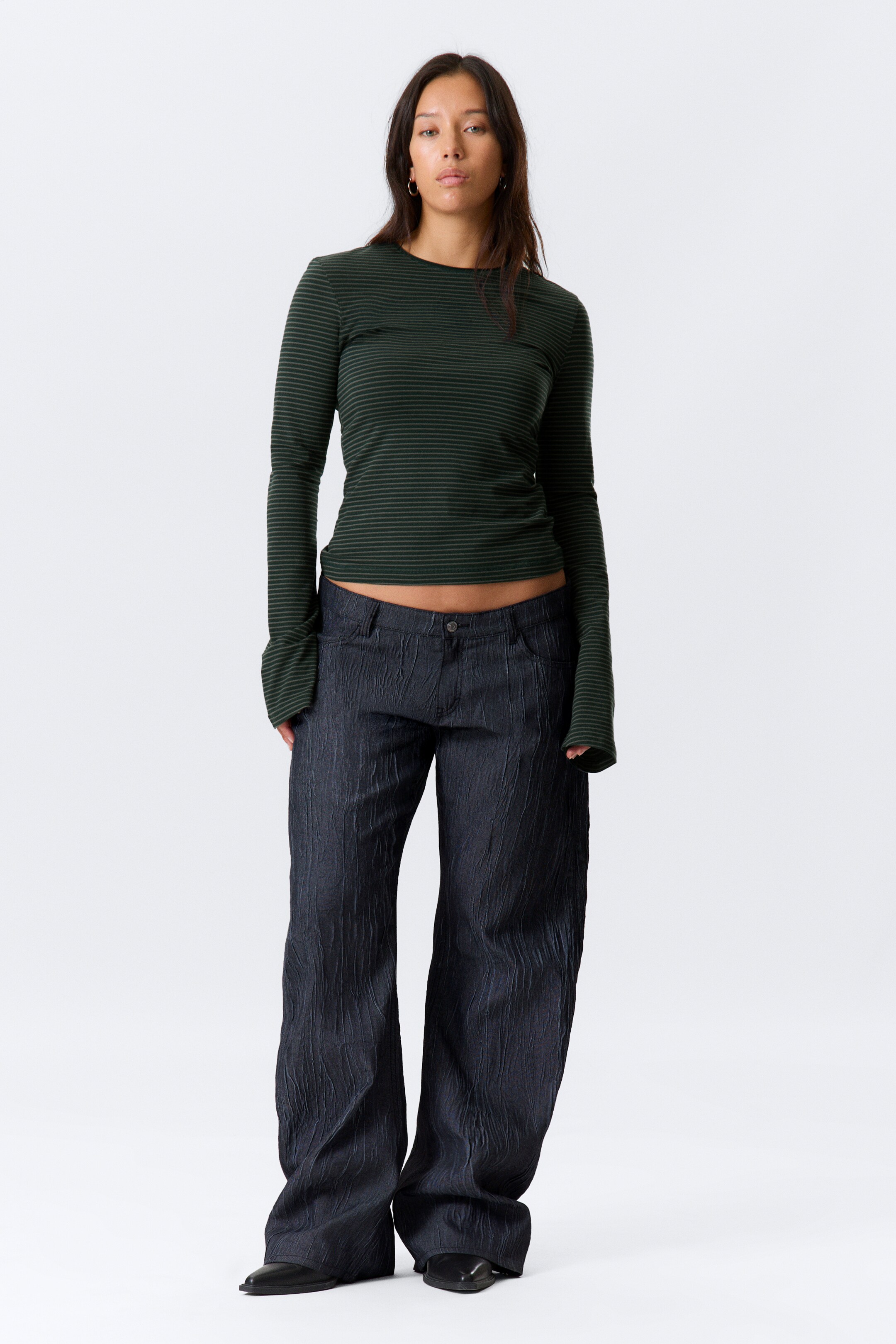 Zobraziť väčší obrázok: Long Sleeve Cotton Top - Pruhované tmavozelené - ŽENY | H&M SK 2