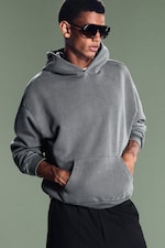 Tvättad Grå - Ledig Hoodie i kraftig bomull - 0