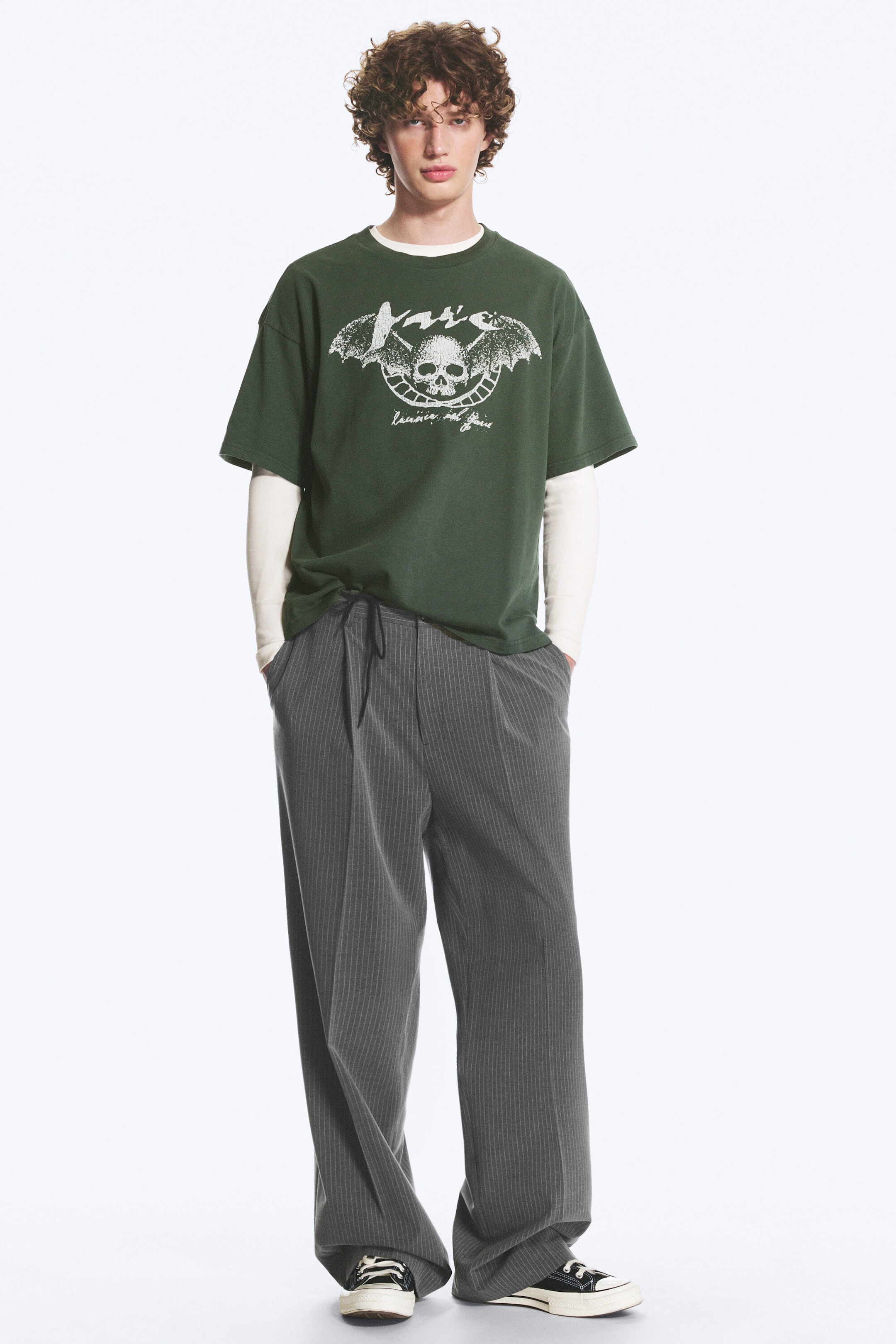 Dark Green - Skull - Boxy Printed Graphic T-shirt - 2