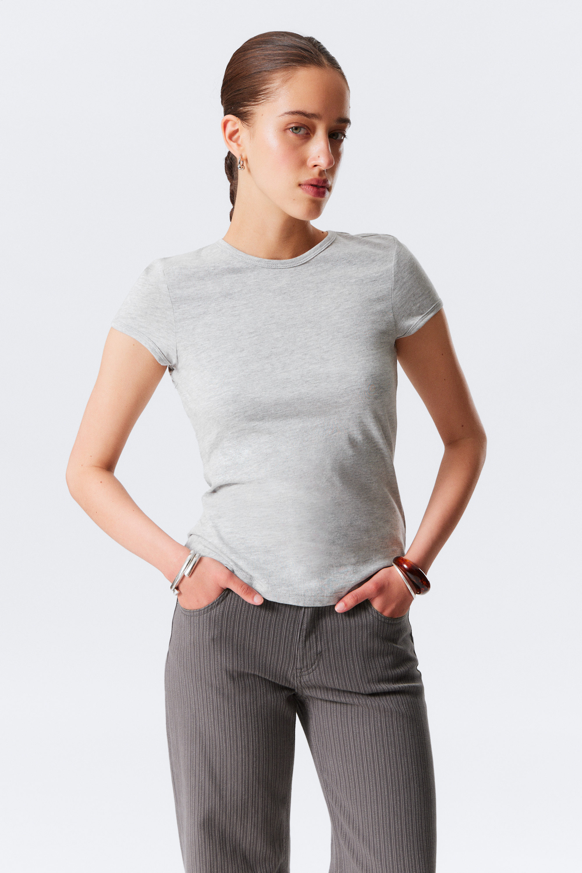 Light Grey Melange - Short Sleeve Fitted T-shirt - 1