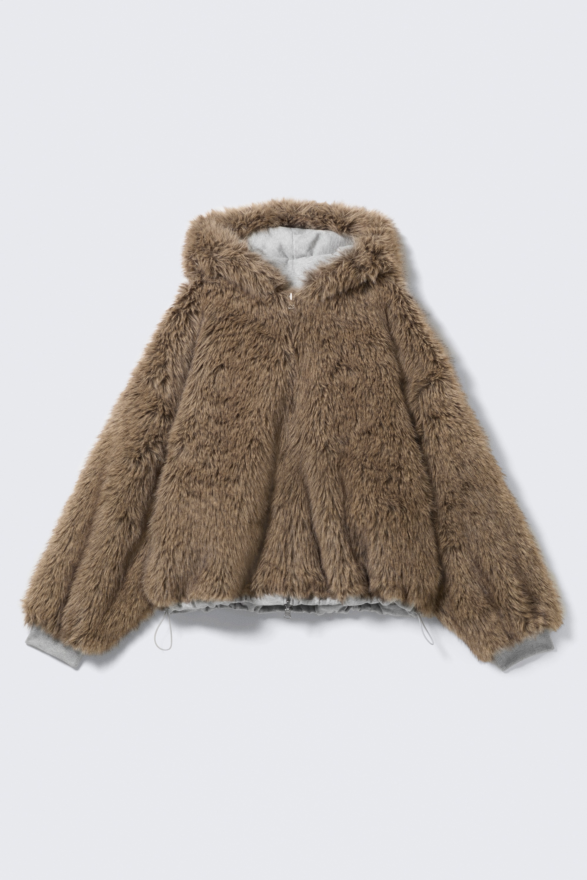 Reversible Faux Fur Zip Hoodie - Grey Melange & Brown