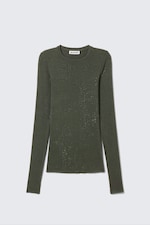 Dark Khaki Green - Slim Fit Printed Rhinestone Top - 0