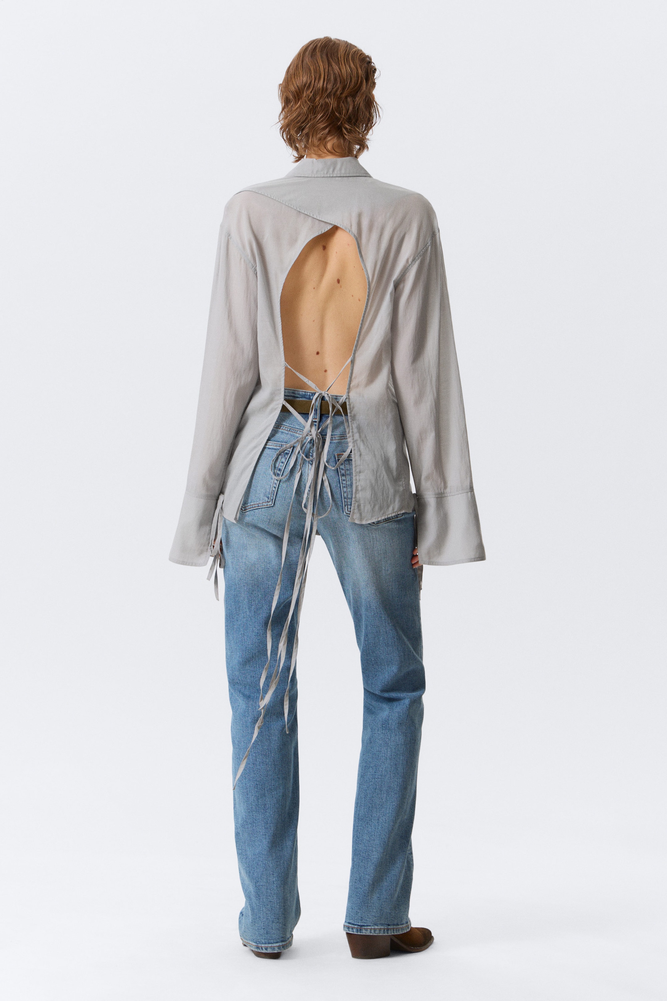 Dusty Grey - Long-Sleeved Open Back Tie Shirt - 3