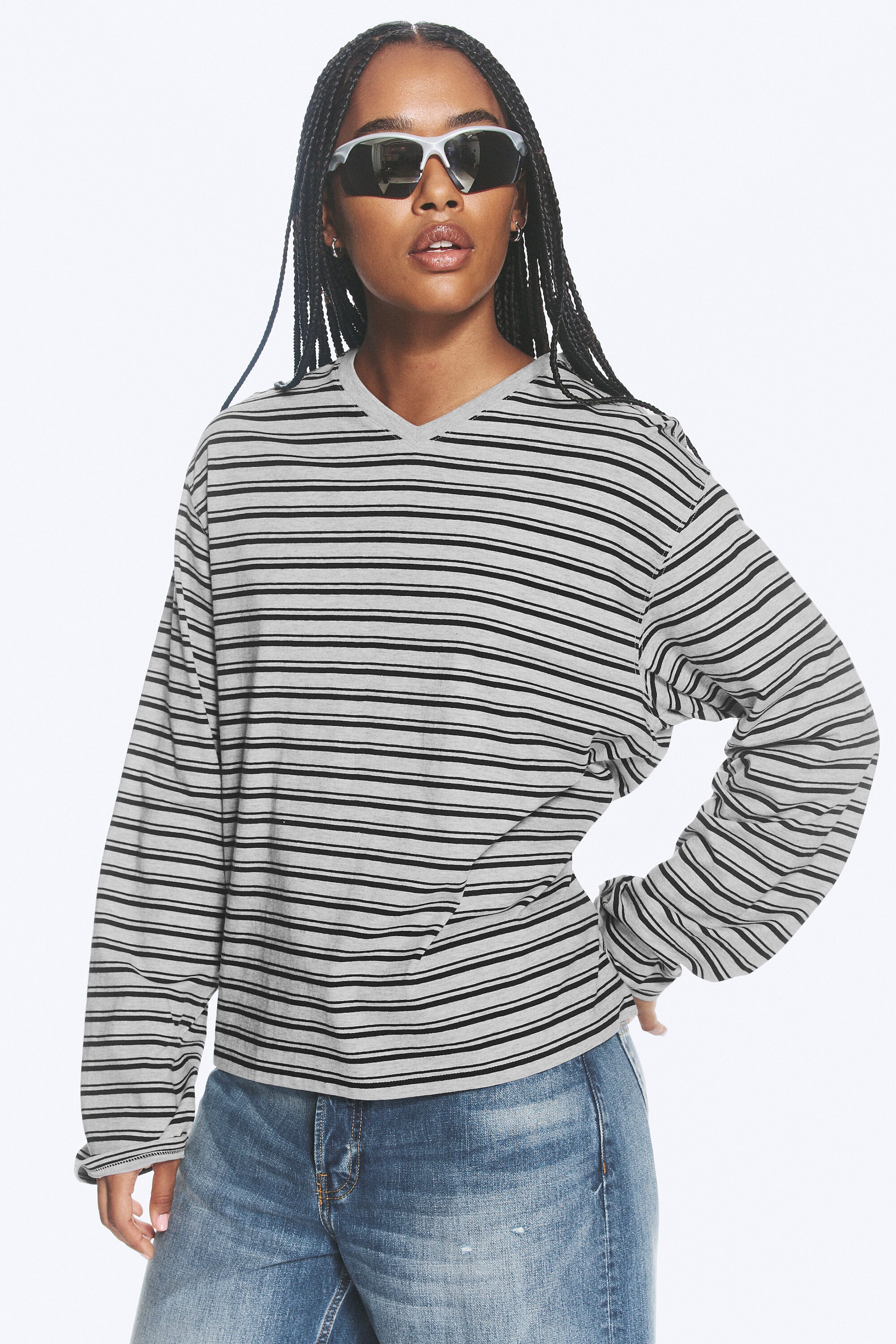 Grey Melange/Black Striped - Boxy V-neck Long-sleevd T-shirt - 1