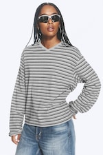 Grey Melange/Black Striped - Boxy V-neck Long-sleevd T-shirt - 1