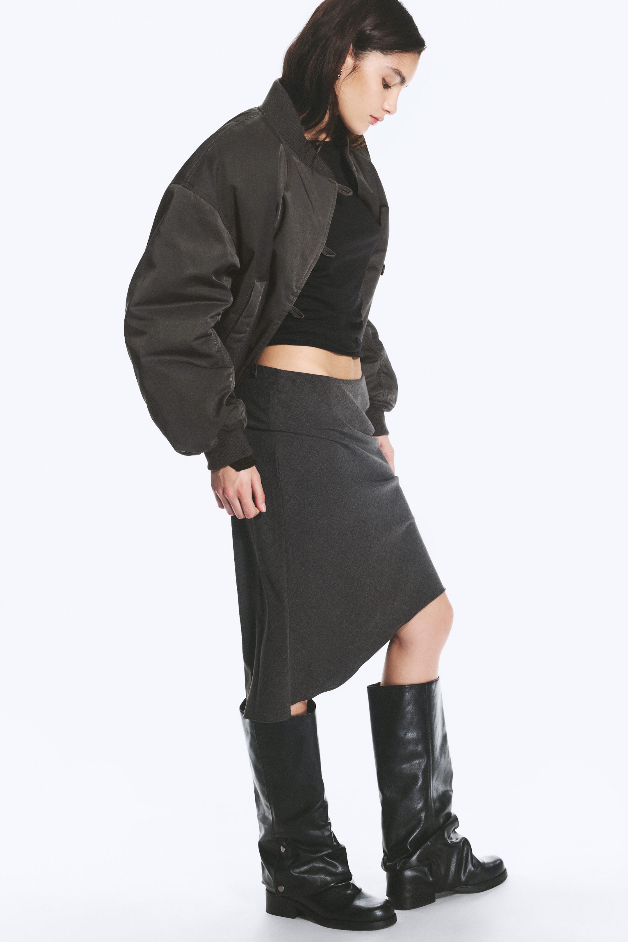 Dark Grey Melange - Mid-Rise Flared Midi Skirt - 2