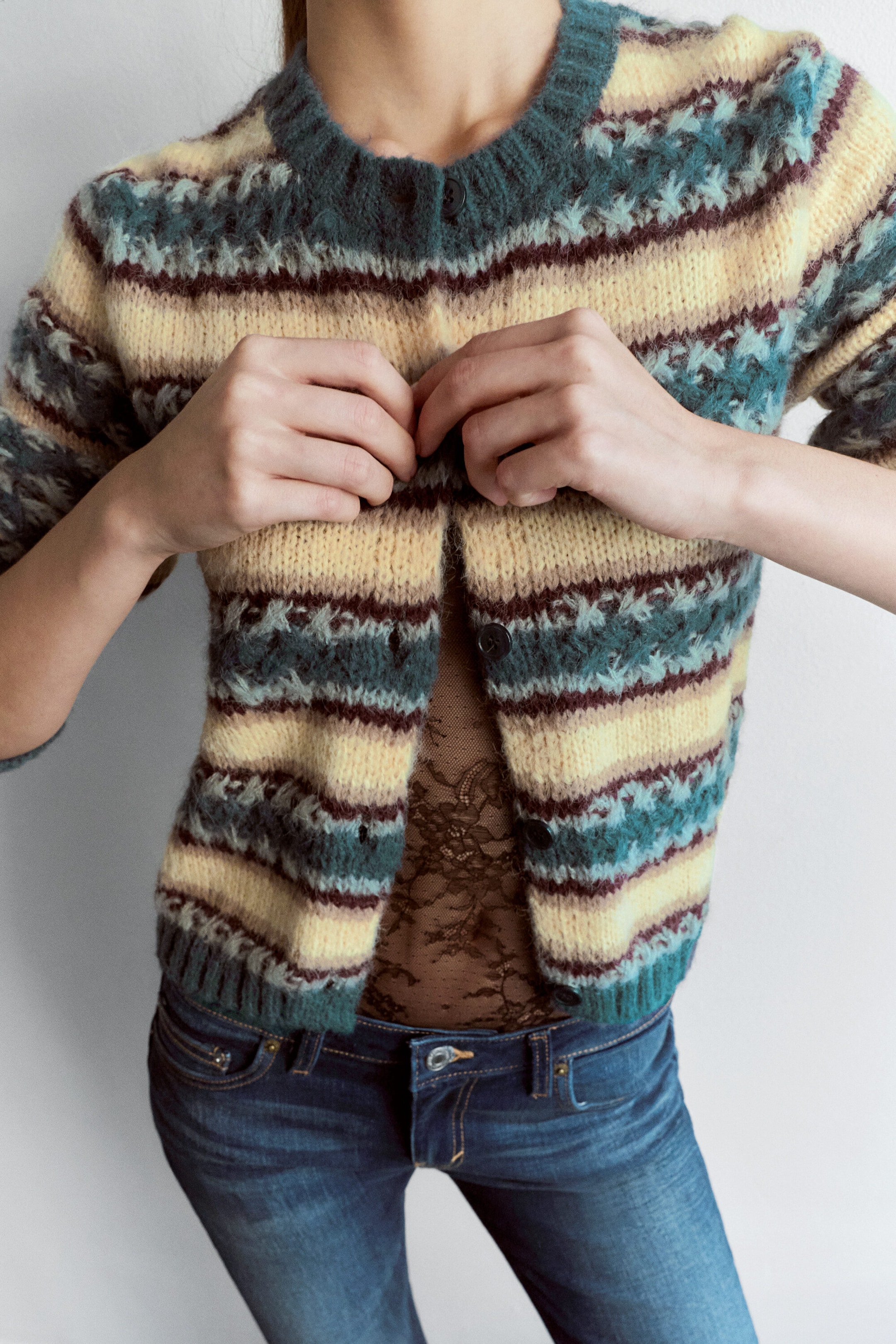 Green Multi-stripe - Striped Knitted Cardigan - 2