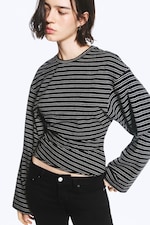Striped Black - Ruched Long-Sleeved T-shirt - 2