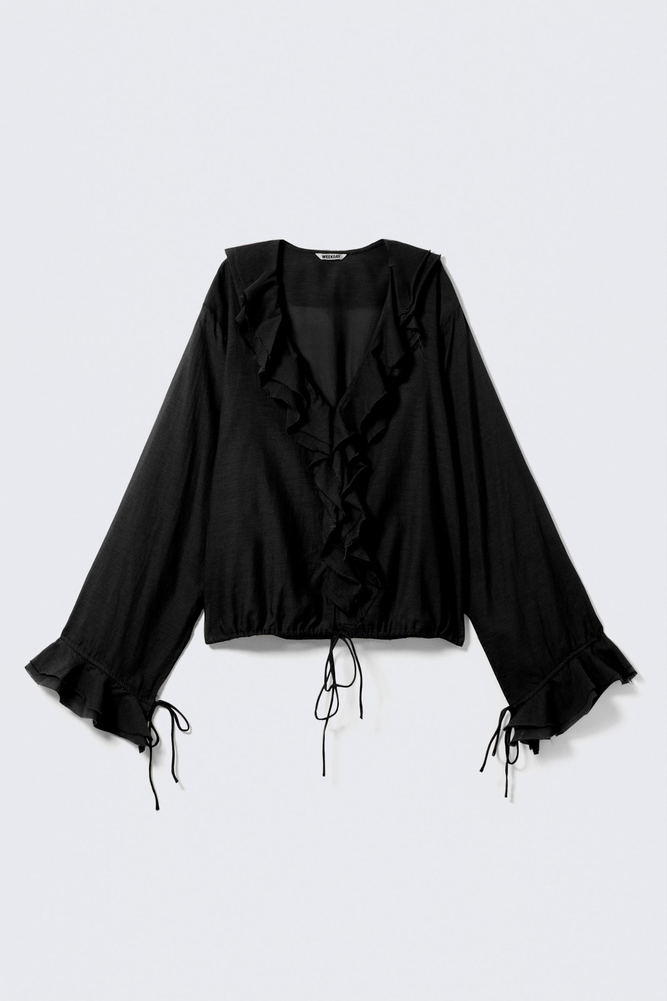 Black - Frilled Long-Sleeved Wrap Blouse - 1