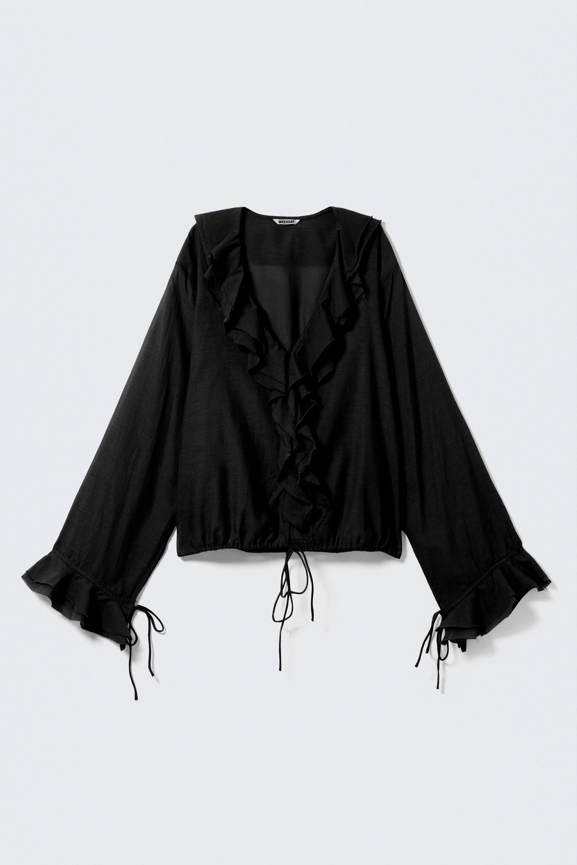 Black - Frilled Long-Sleeved Wrap Blouse - 4