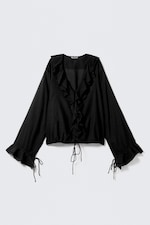 Black - Frilled Long-Sleeved Wrap Blouse - 0