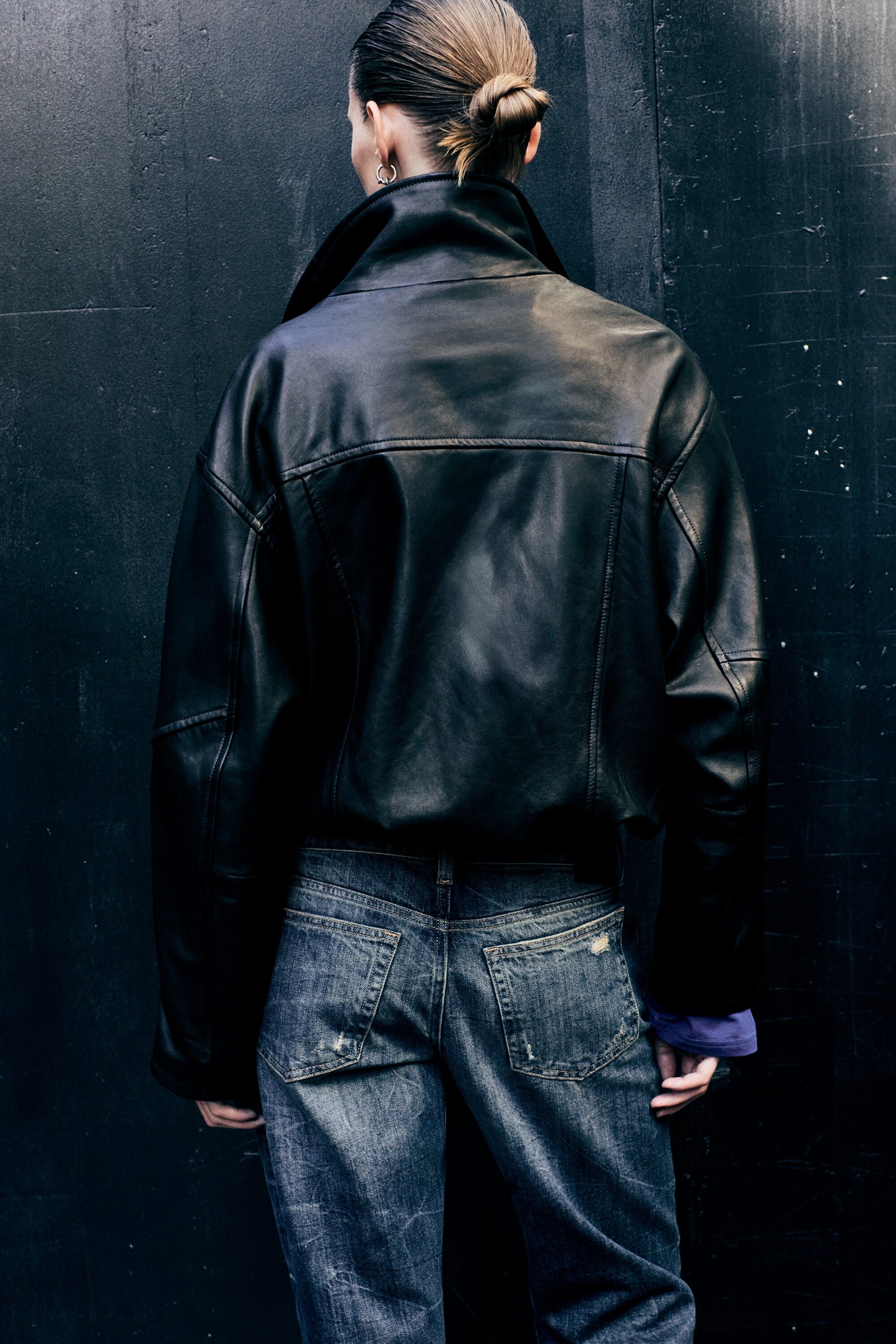 Noir - Veste oversize en cuir à col cheminée - 3