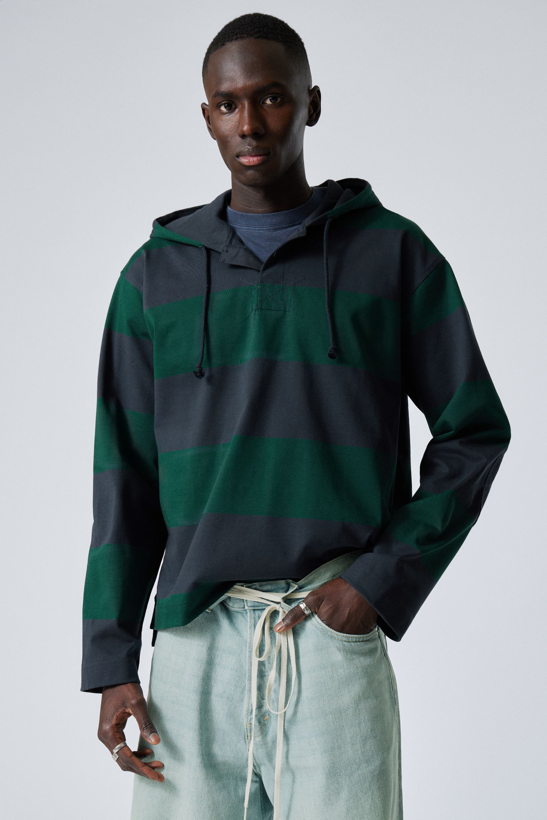 #0F433E - Striped Loose Fit Rugby Hoodie - 2