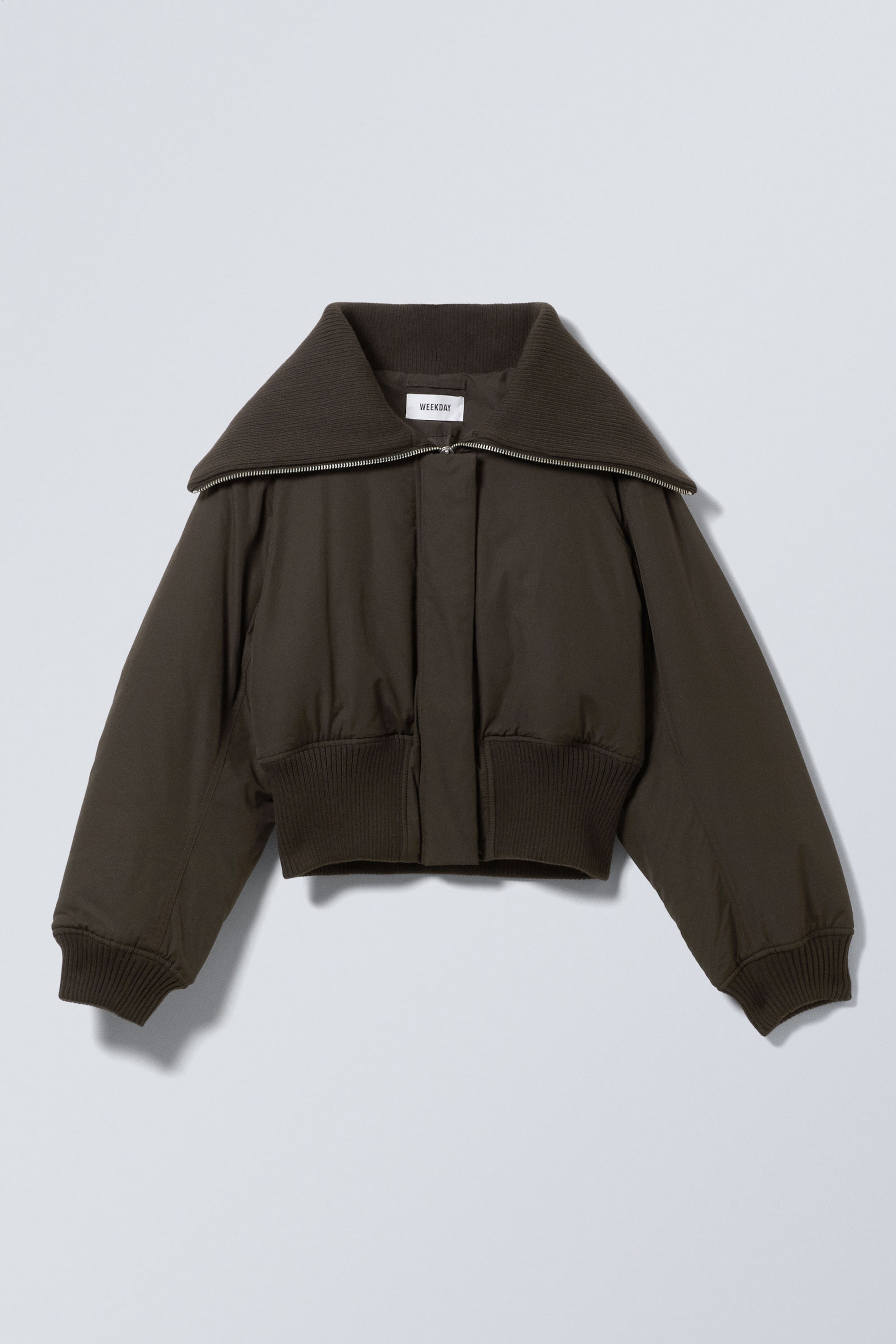 Dark Brown - Cropped Rib Funnel Neck Bomber Jacket - 1