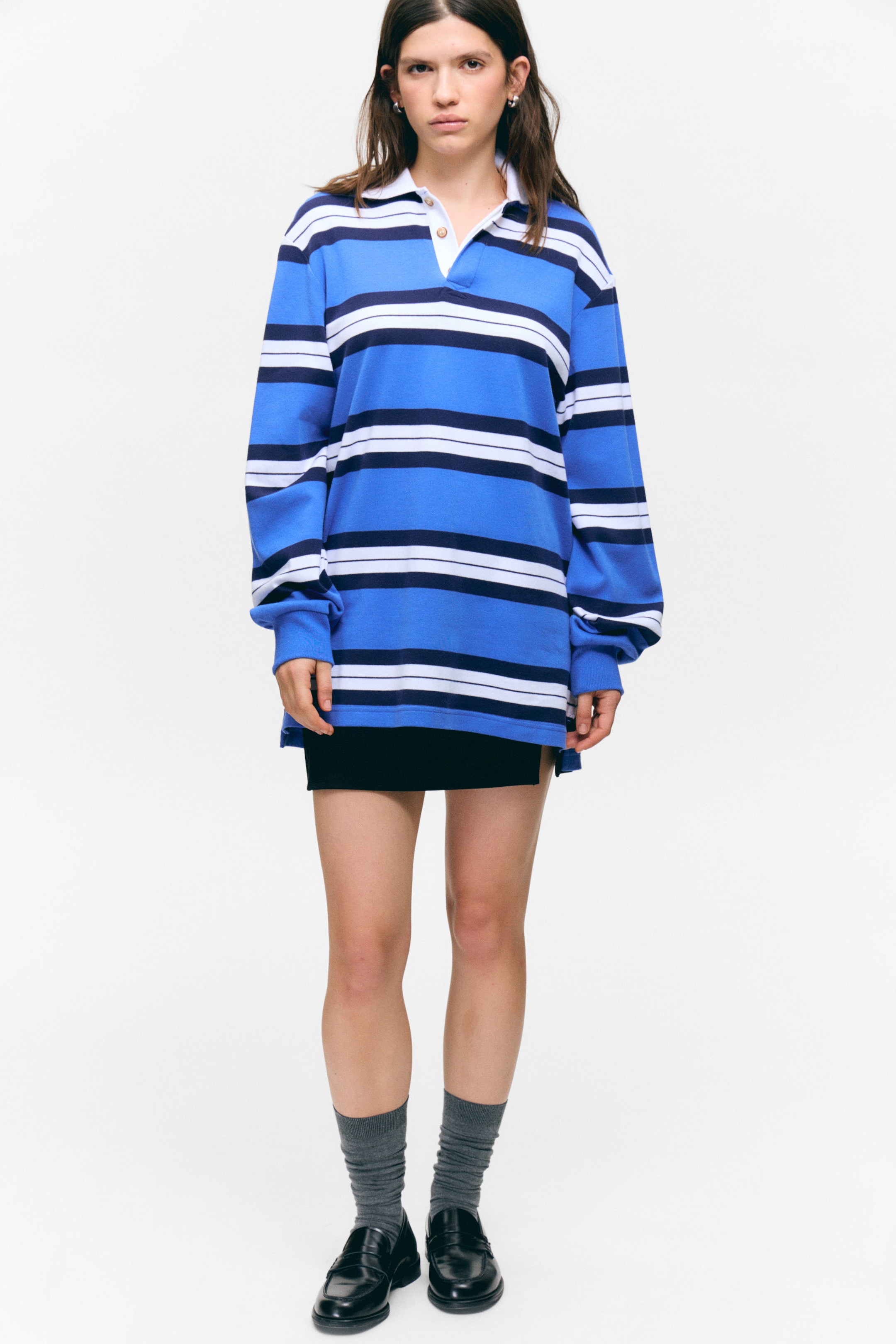 Blauw gestreept - Mini-jurk in rugbystijl met lange mouwen - 1