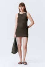 Black & Dark Mole - Sheer Sleeveless Boat-Neck Mini Dress - 0