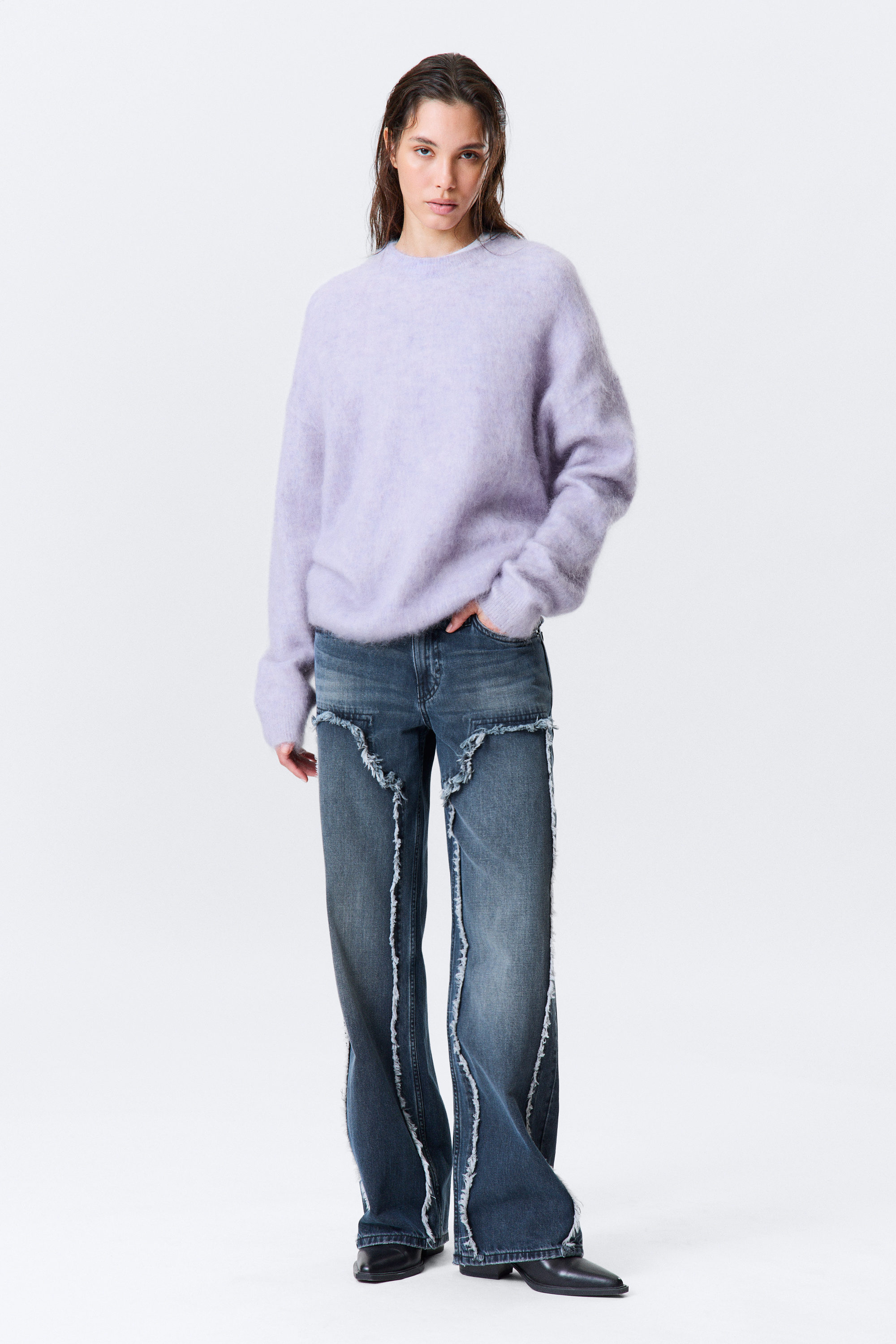Light Purple Melange - Oversized Knitted Mohair Blend Sweater - 1