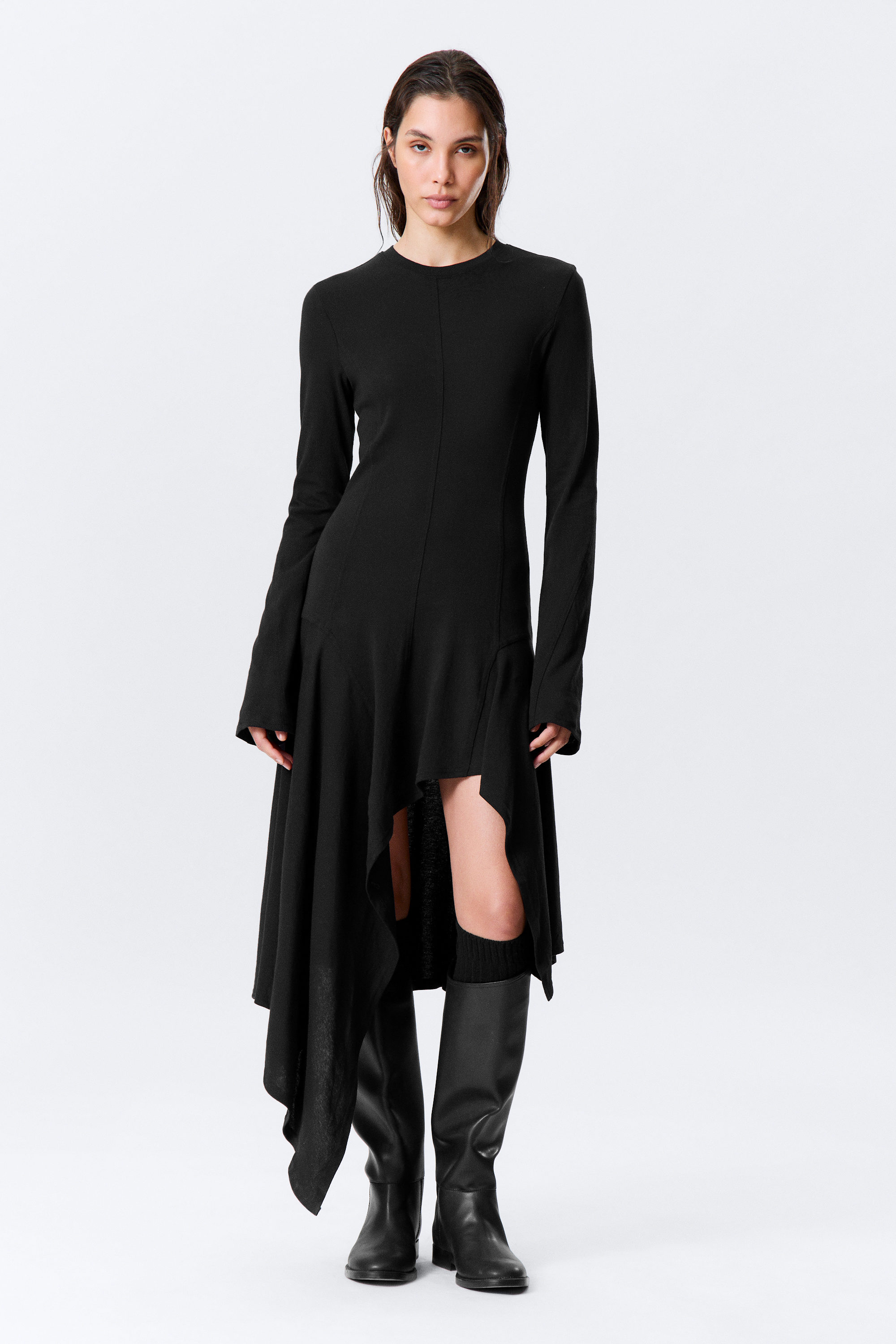 Black - Long-Sleeved Asymmetric Midi Dress - 1
