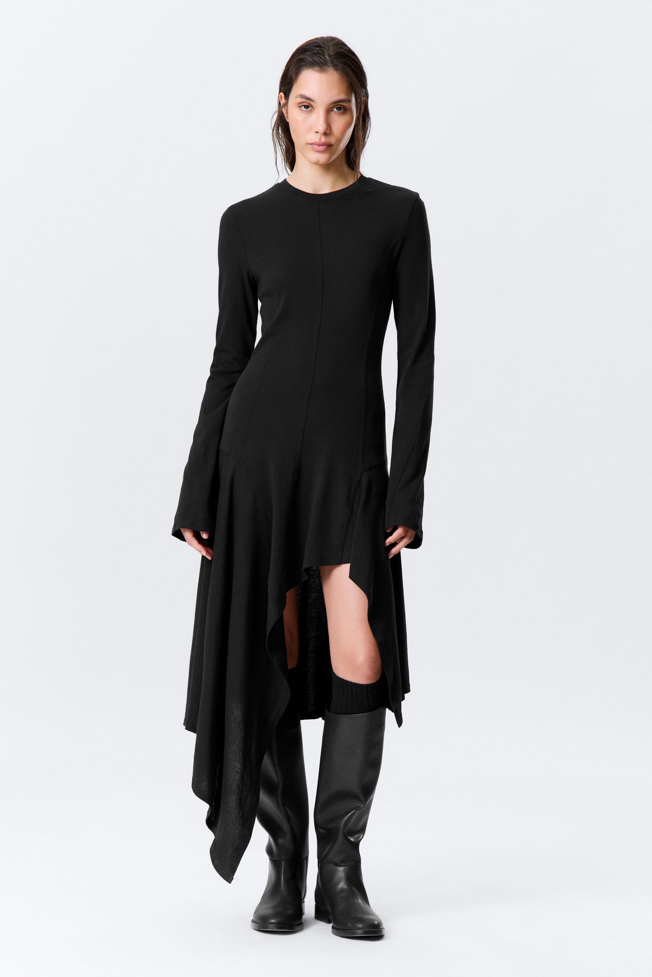 Black - Long-Sleeved Asymmetric Midi Dress - 1