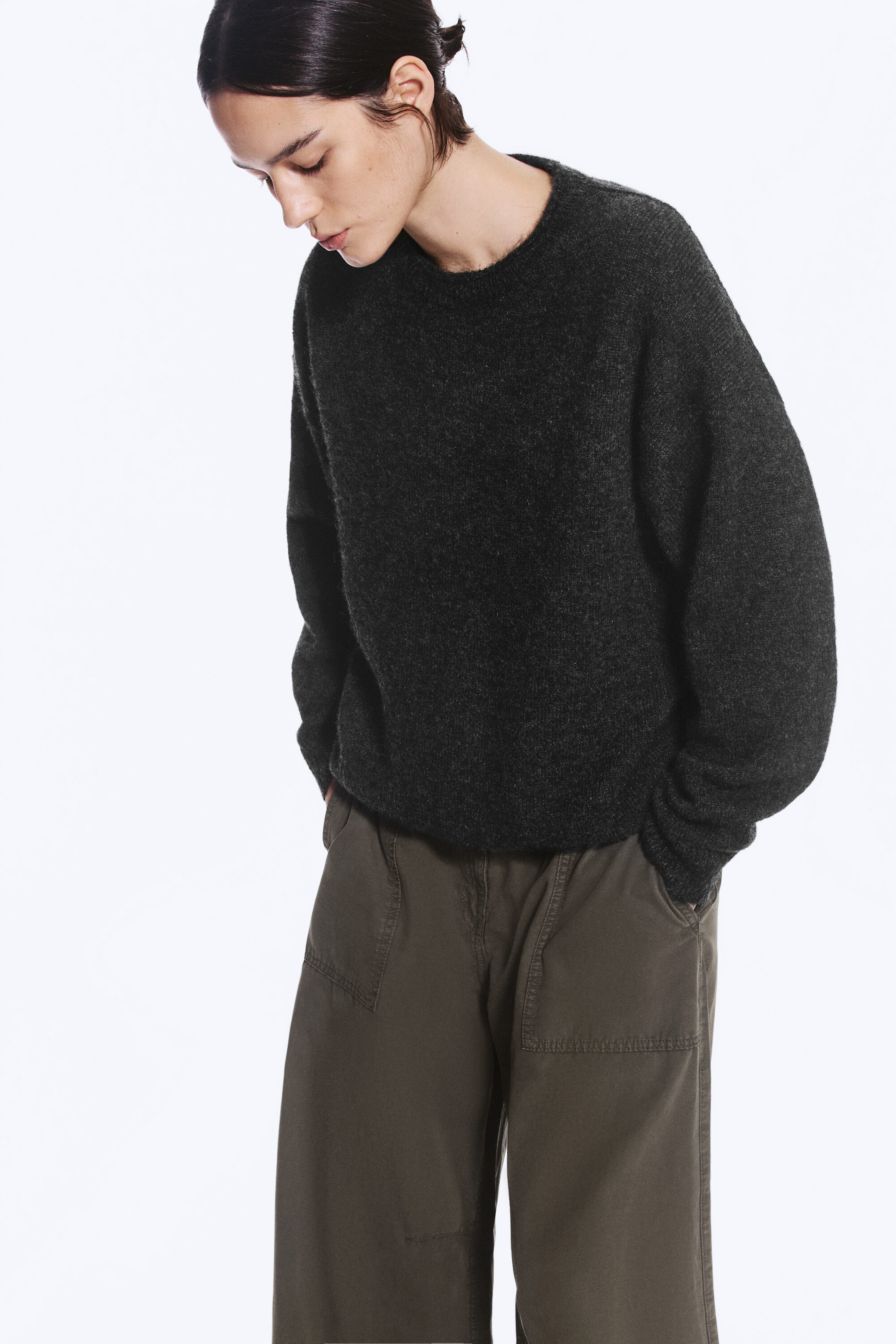 Dark Grey Melange - Loose Knitted Crew-Neck Sweater