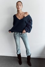 Dark Blue - Oversized Knitted V-Neck Sweater - 0