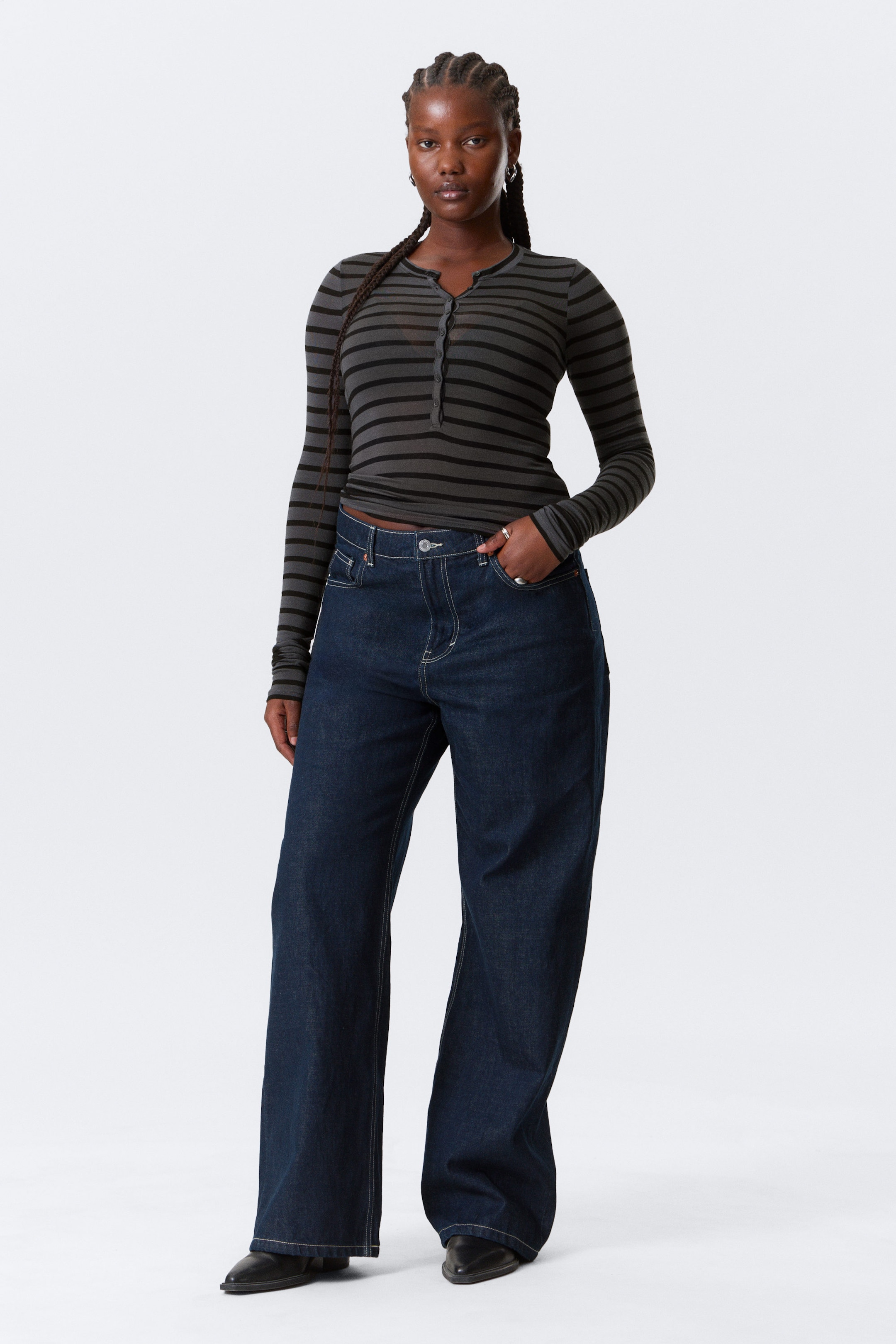 Black & Grey Stripes - Slim Long-Sleeved Henley Top - 2