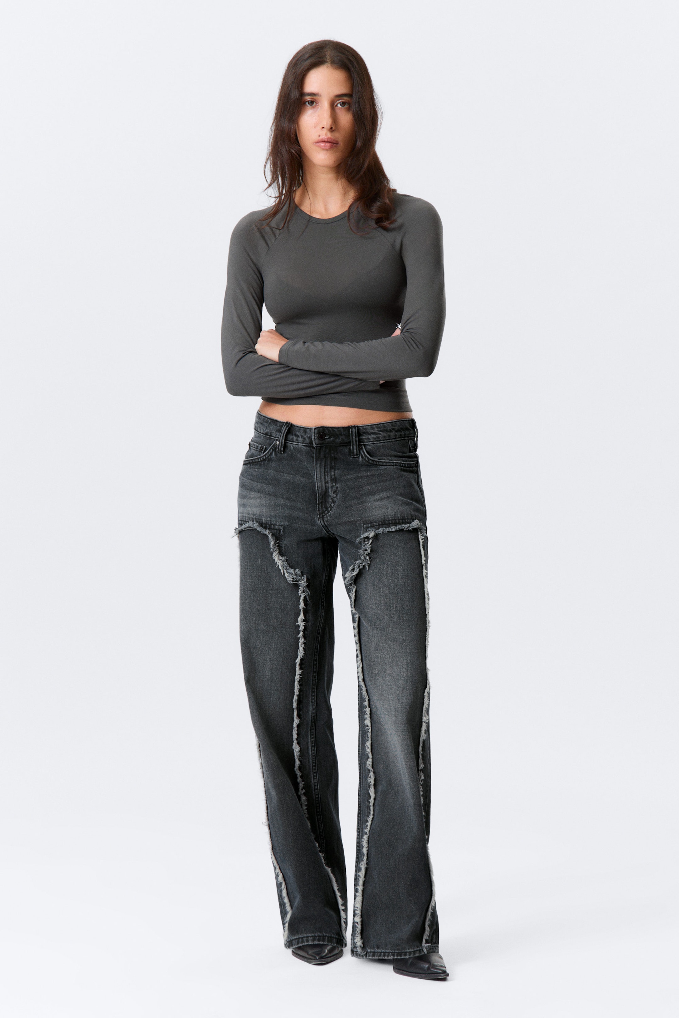 Kimberly Blue - Dark Blue - Ample Rafelige Low Rise Loose Wide Leg Jeans - 1