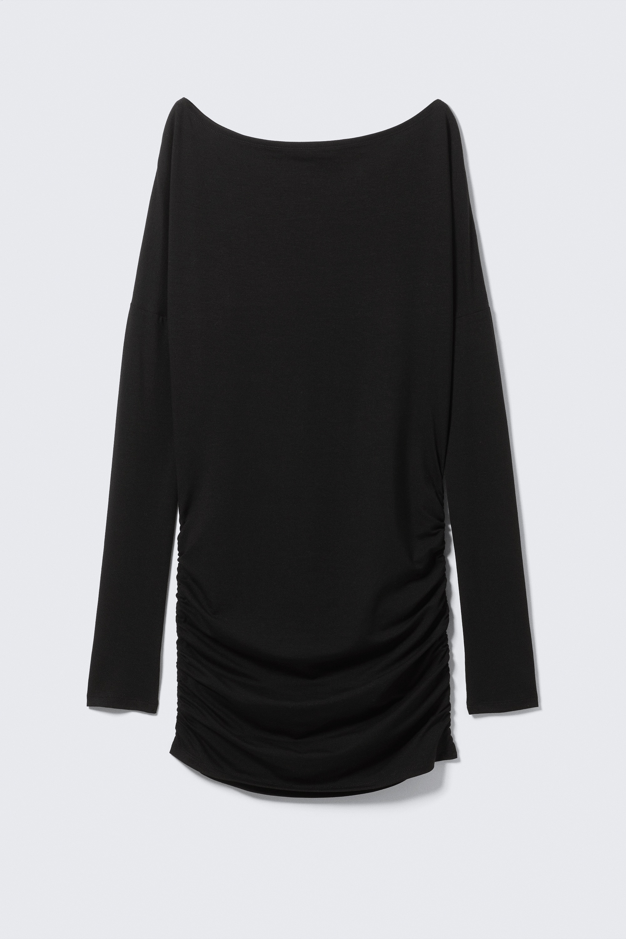 Draped Asymmetric Long-Sleeved Mini Dress - Black/Black & Grey Stripes