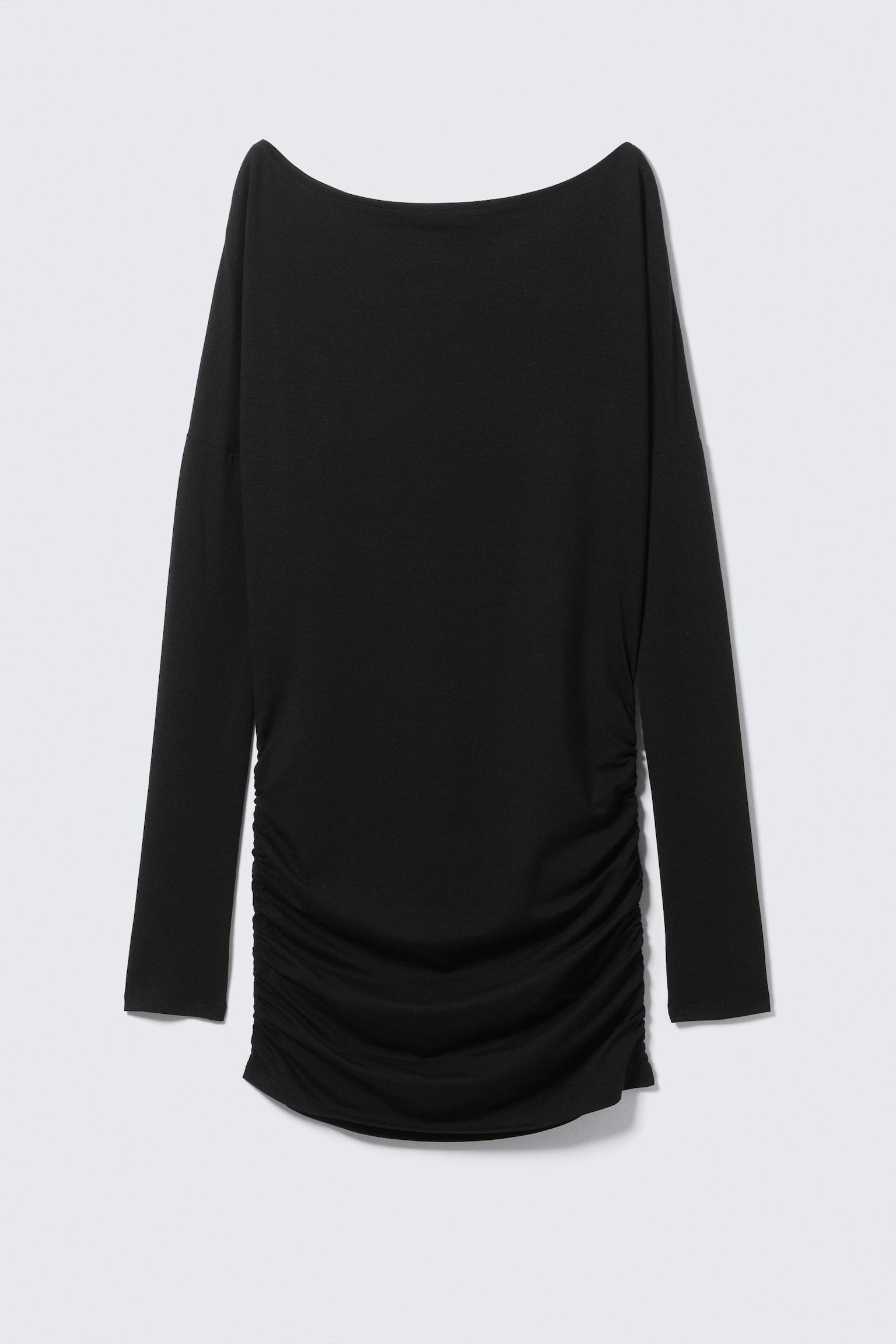 Drapiertes, asymmetrisches Langarm-Minikleid - Schwarz/Schwarz/Grau gestreift - 2