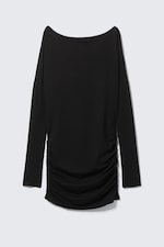 Black - Draped Asymmetric Long-Sleeved Mini Dress - 3