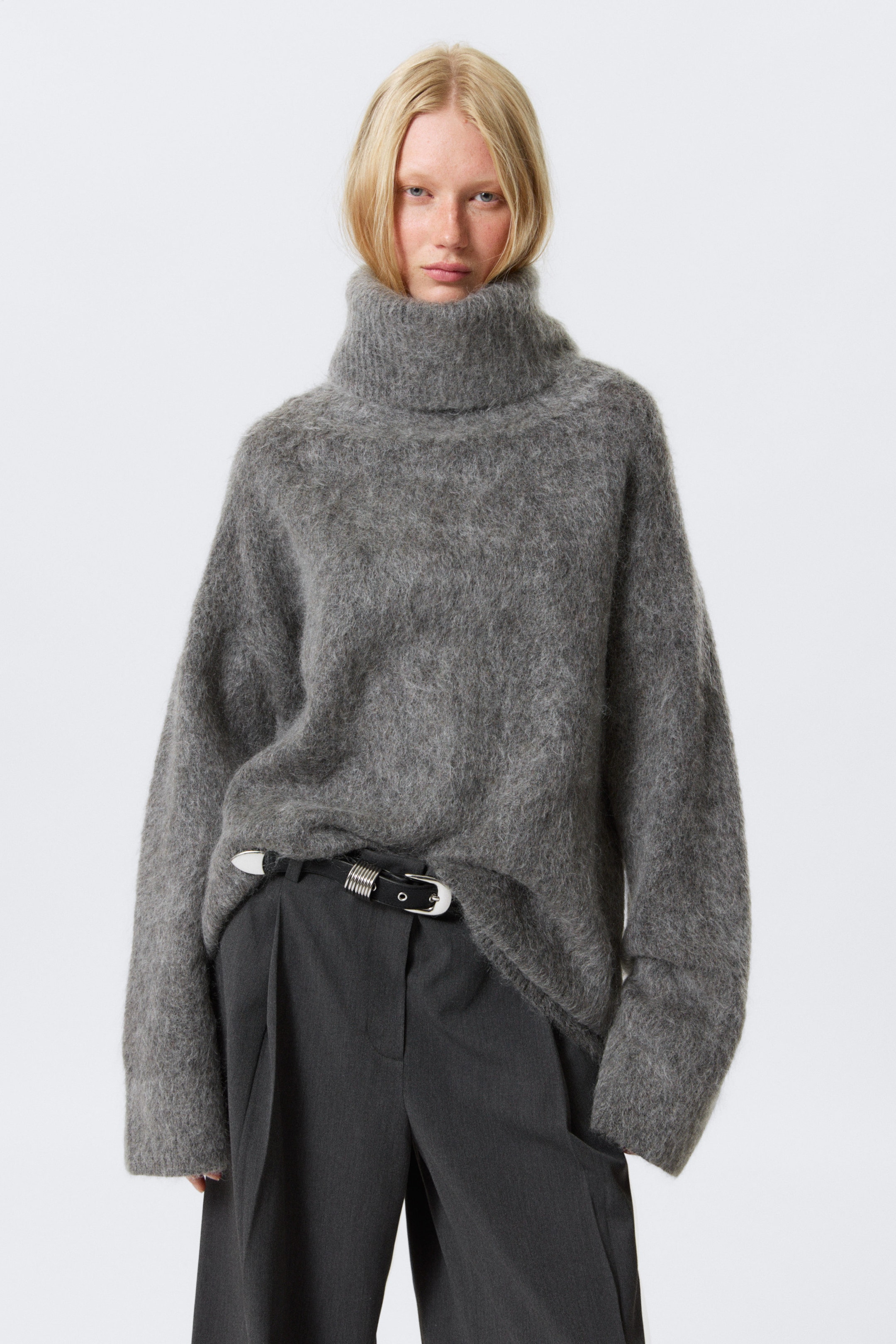 Dark Grey Melange - Mohair-Blend Funnel Neck Sweater - 1