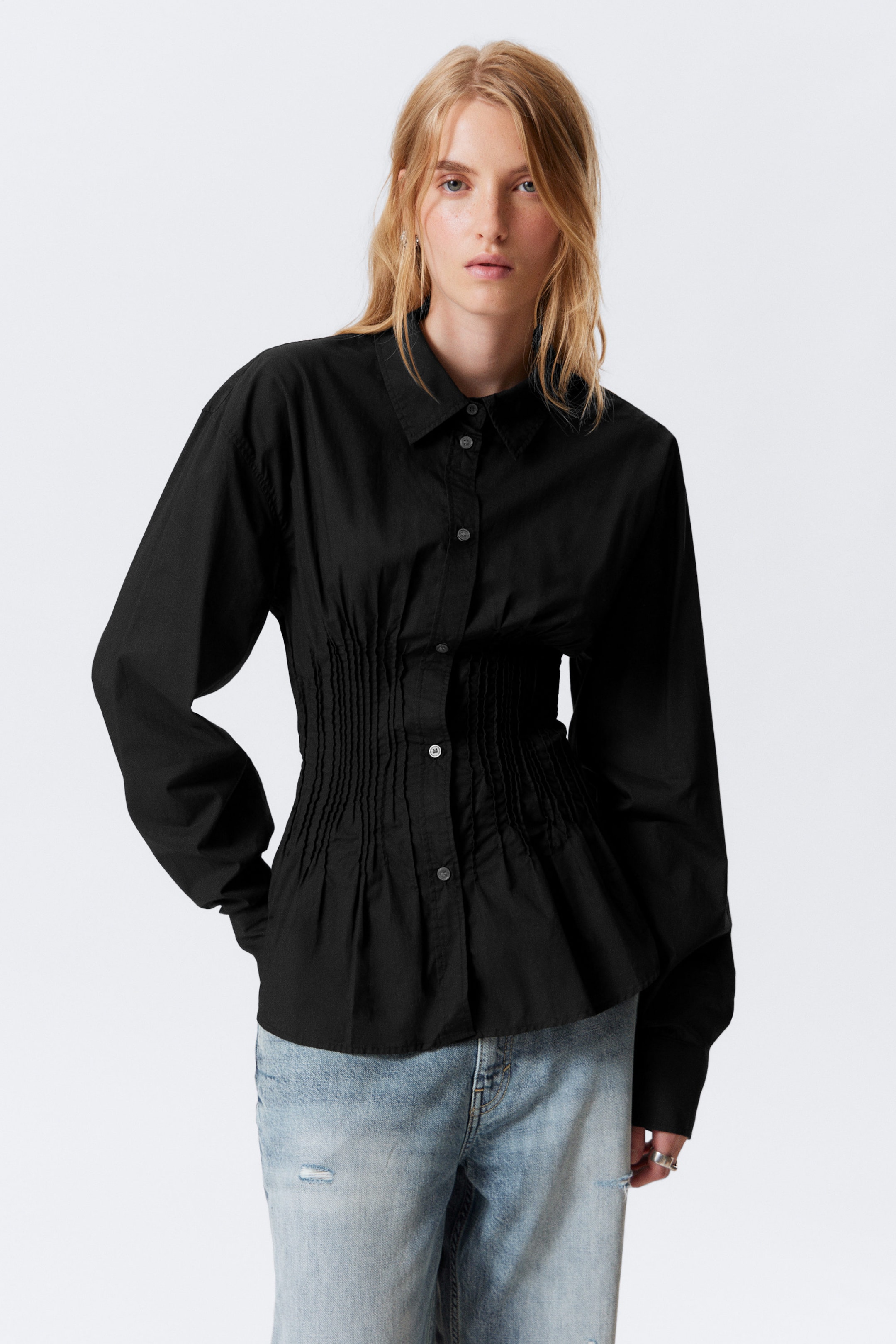 Black - Gathered Waist Cotton Poplin Shirt - 1